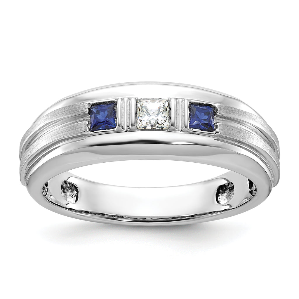 14k White Gold Men's Polished Satin and Grooved Square 1/6 Carat AA Quality Diamond and Lab Created - Sophia Jewelers