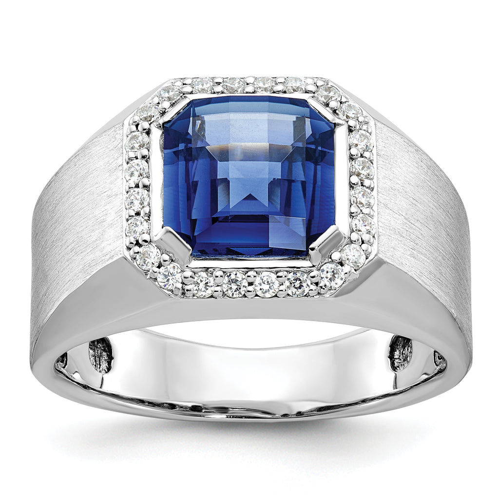 14k White Gold Mens Lab Created Sapphire and 1/3 carat Diamond Complete Ring - Sophia Jewelers