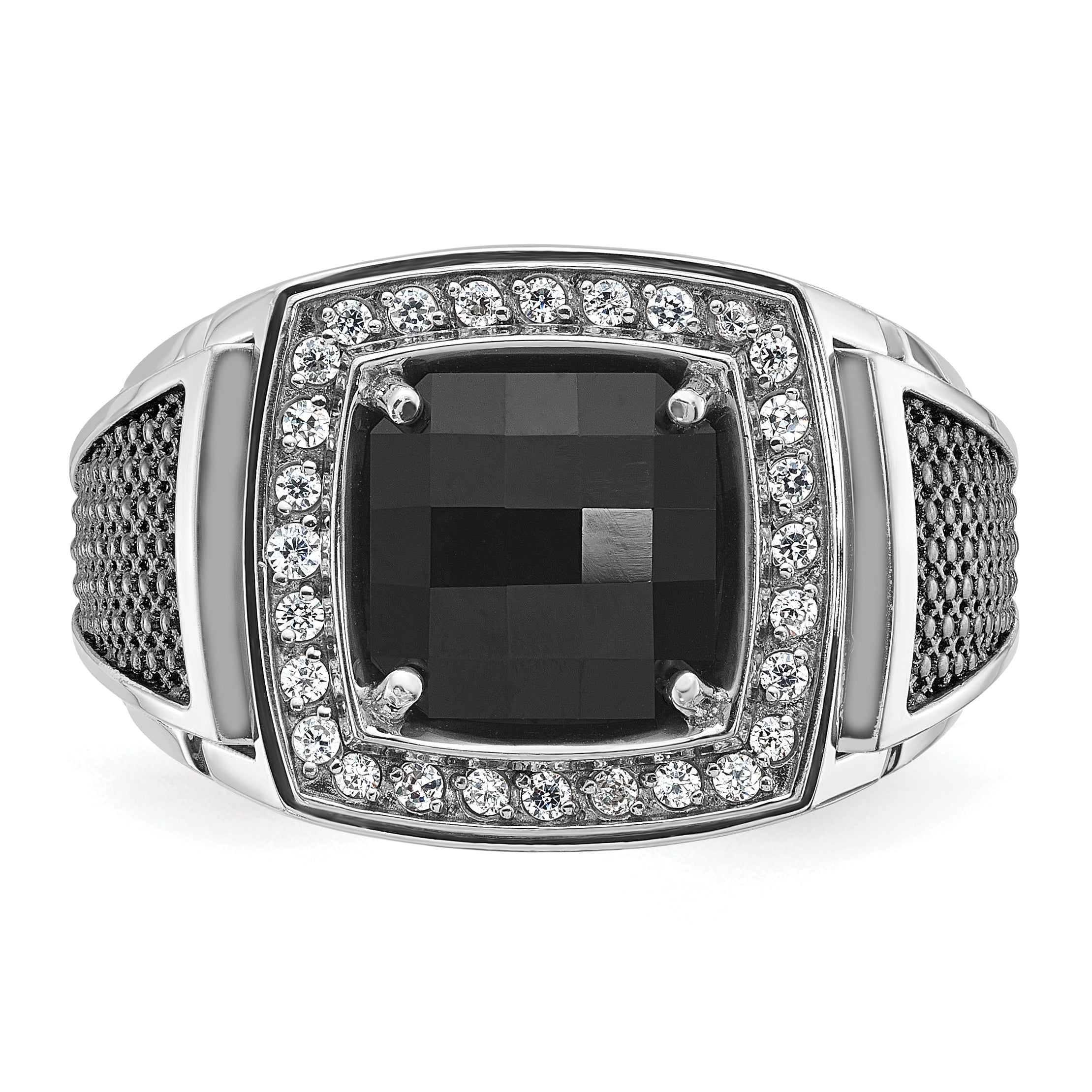 14k White Gold with Black Rhodium Mens Cushion Onyx and 1/4 carat Diamond Complete Ring - Sophia Jewelers
