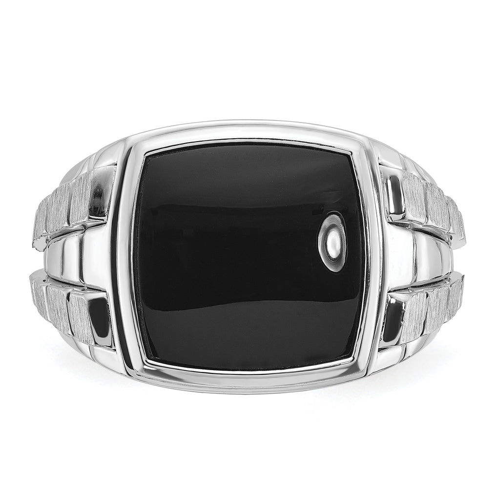 14k White Gold Mens Polished and Satin Cushion Onyx Complete Ring - Sophia Jewelers