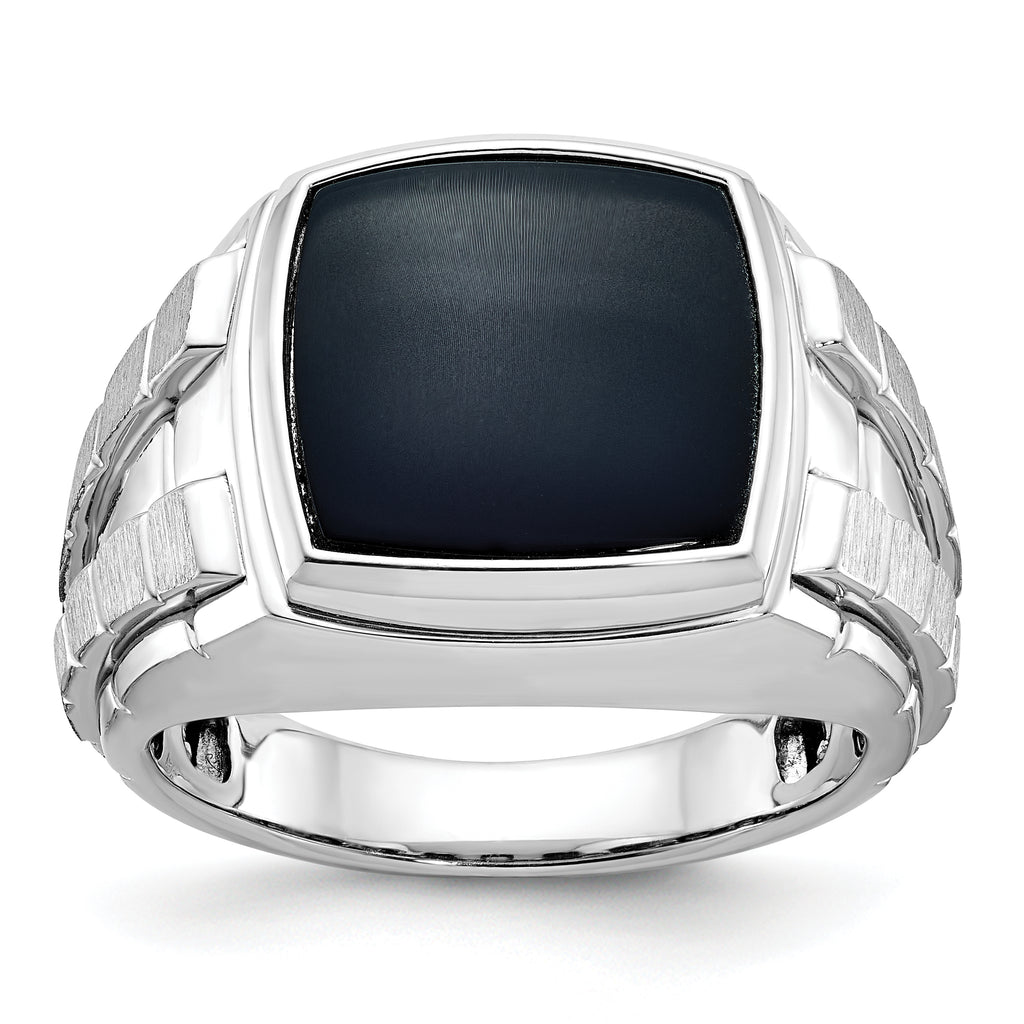 14k White Gold Mens Polished and Satin Cushion Onyx Complete Ring - Sophia Jewelers