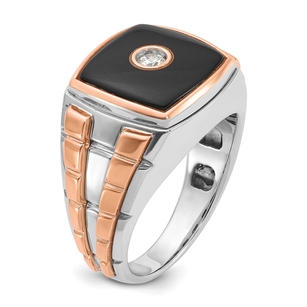 14k Two-tone White/Rose Gold Mens Cushion Onyx and 1/10 carat Diamond Complete Ring - Sophia Jewelers