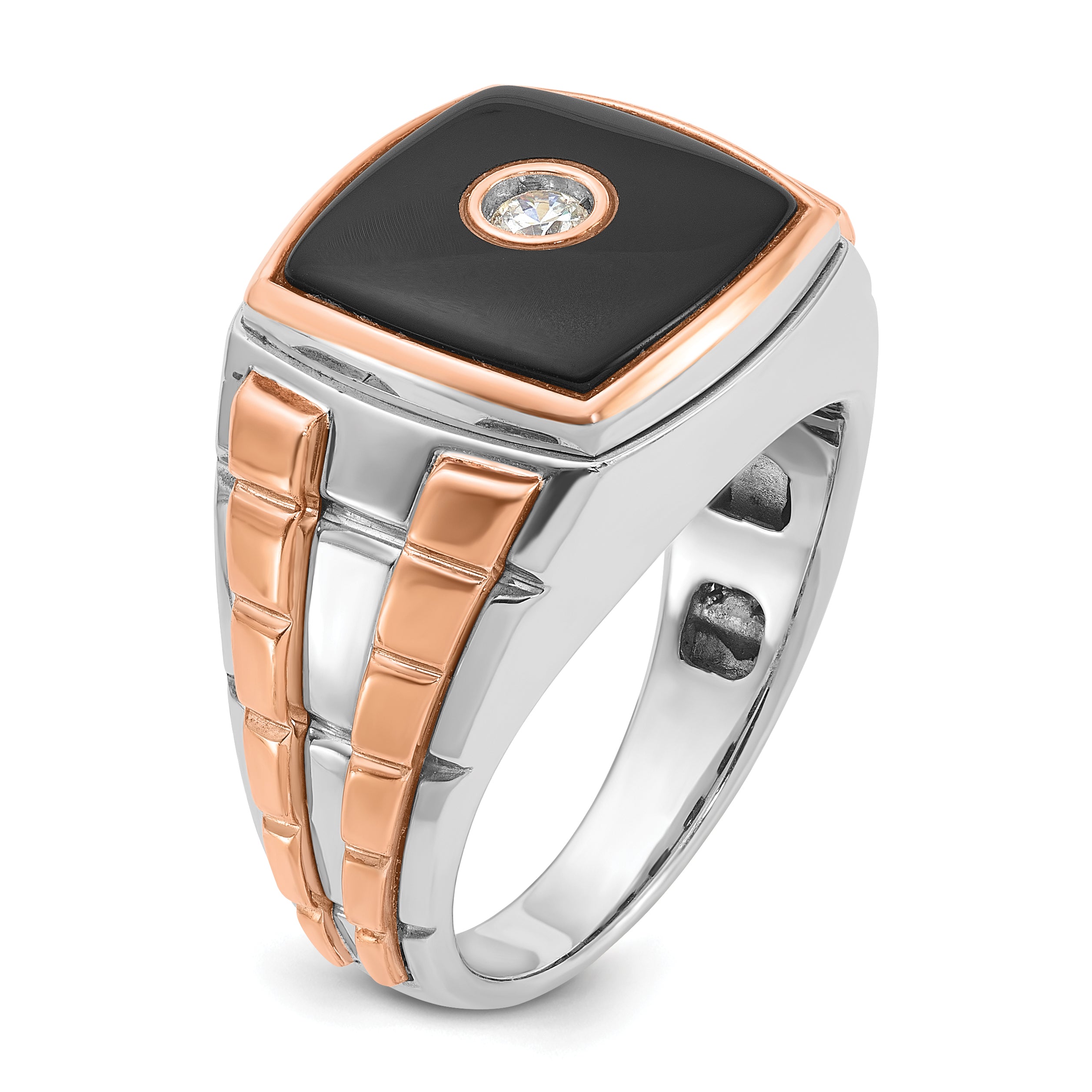 14k Two-tone White/Rose Gold Mens Cushion Onyx and 1/10 carat Diamond Complete Ring - Sophia Jewelers