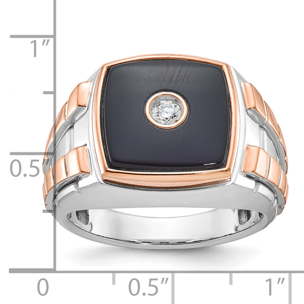 14k Two-tone White/Rose Gold Mens Cushion Onyx and 1/10 carat Diamond Complete Ring - Sophia Jewelers