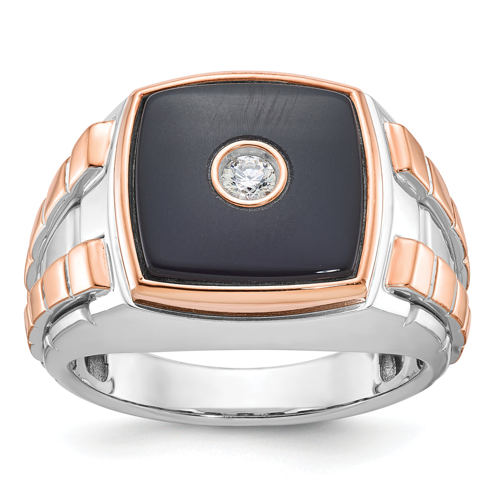 14k Two-tone White/Rose Gold Mens Cushion Onyx and 1/10 carat Diamond Complete Ring - Sophia Jewelers