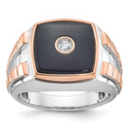 14k Two-tone White/Rose Gold Mens Cushion Onyx and 1/10 carat Diamond Complete Ring - Sophia Jewelers