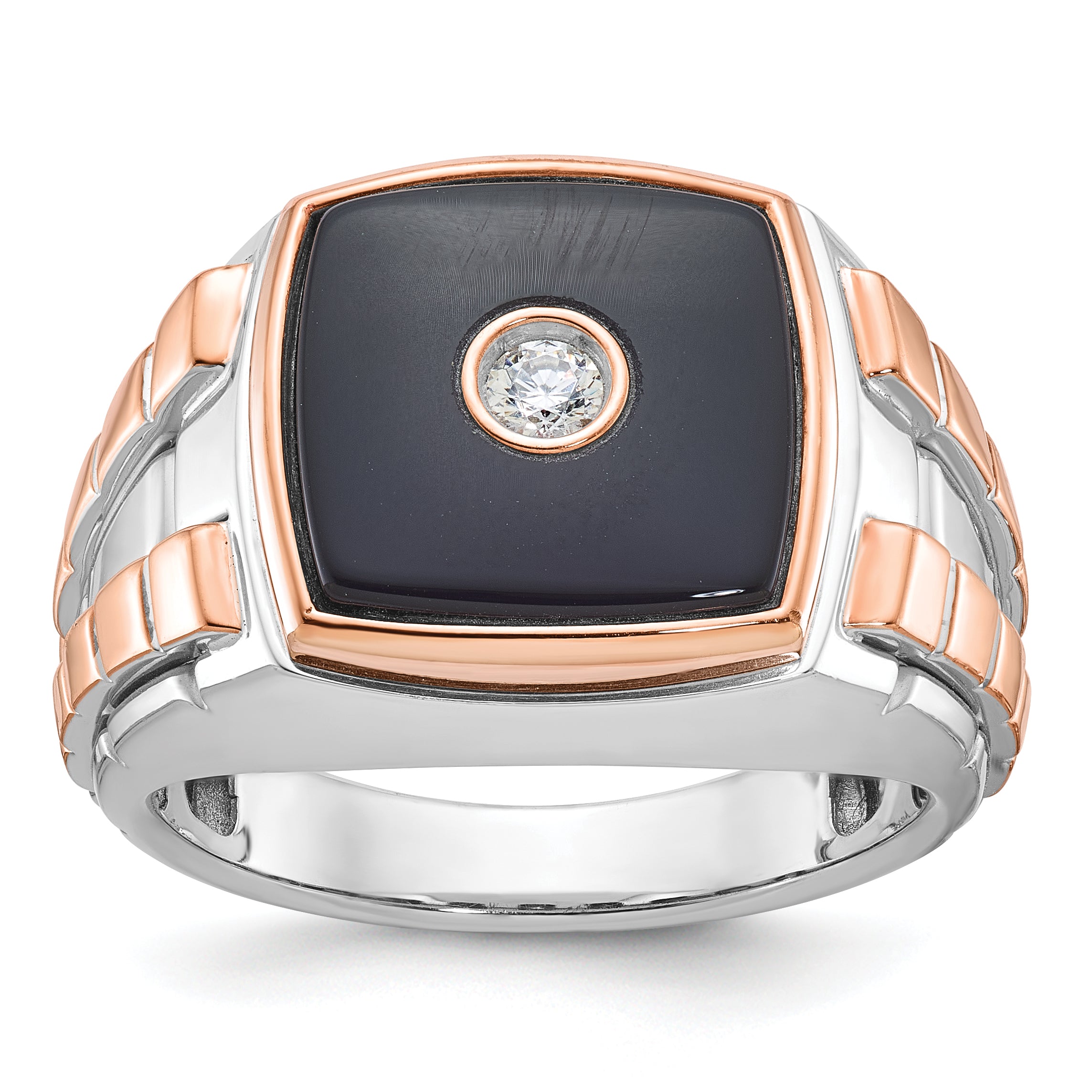 14k Two-tone White/Rose Gold Mens Cushion Onyx and 1/10 carat Diamond Complete Ring - Sophia Jewelers