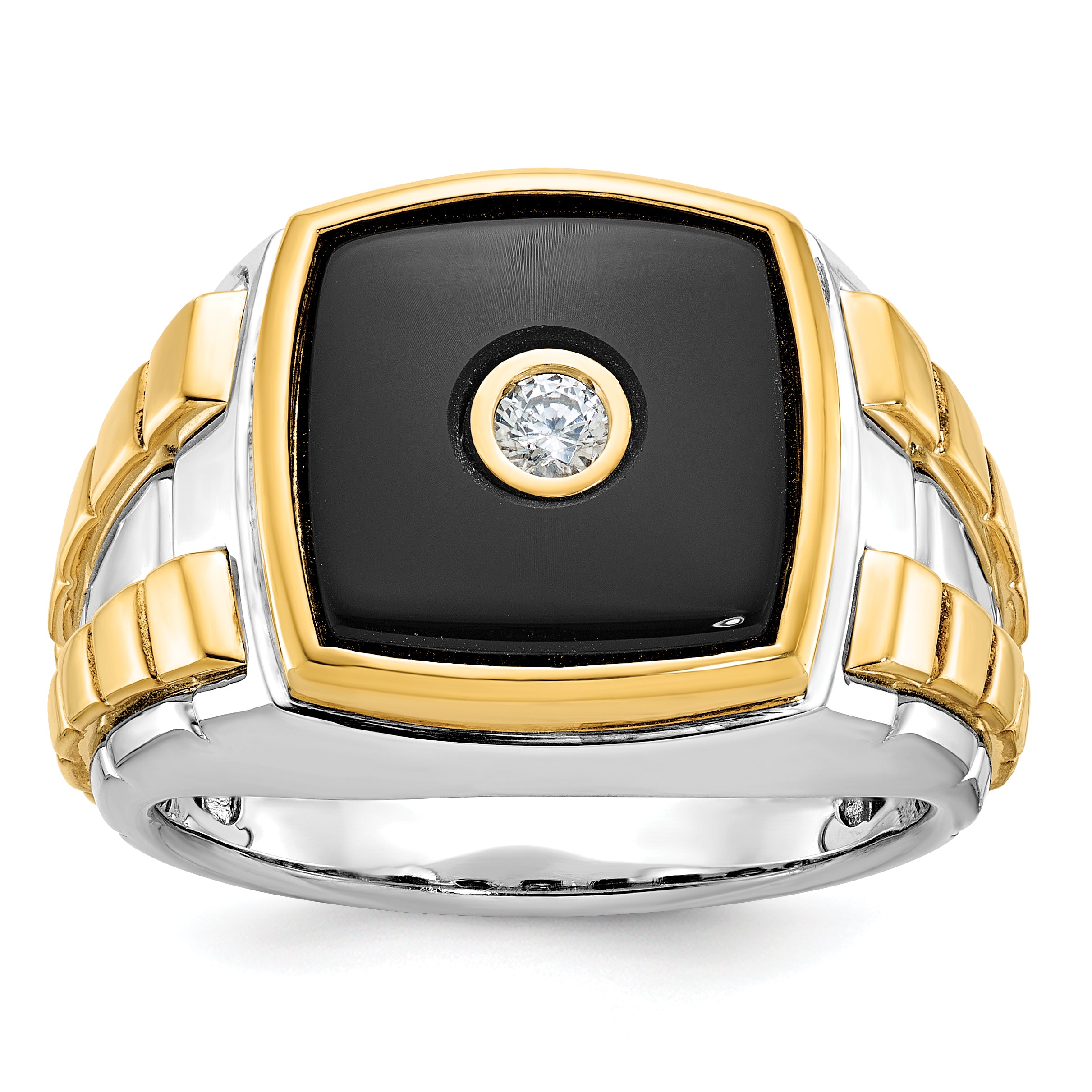14k Two-tone Mens Cushion Onyx and 1/10 carat Diamond Complete Ring - Sophia Jewelers