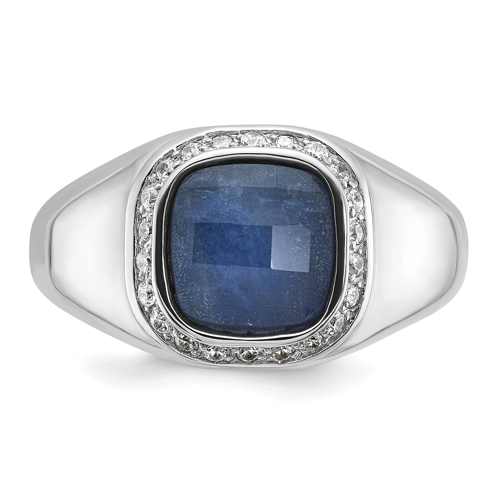 14k White Gold Mens Cushion Sapphire Doublet Stone and 1/5 carat Diamond Complete Ring - Sophia Jewelers