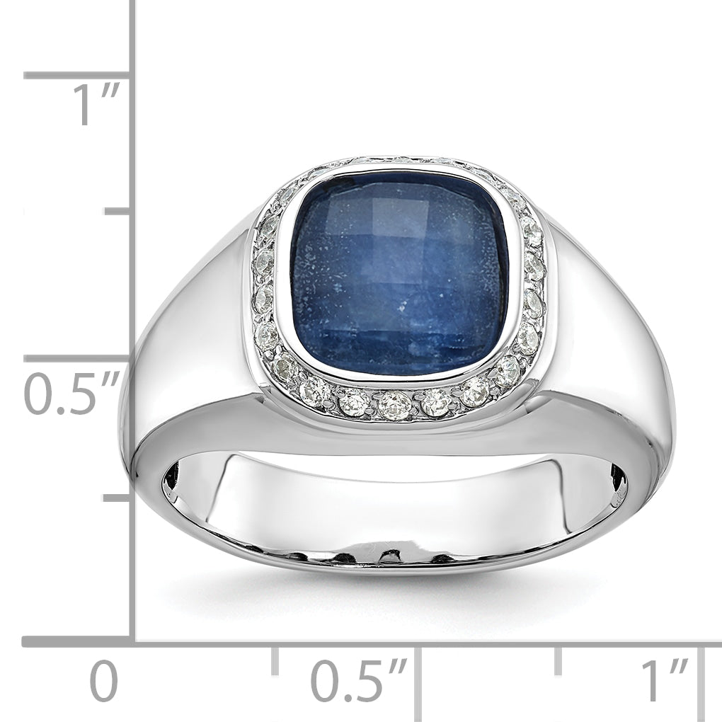 14k White Gold Mens Cushion Sapphire Doublet Stone and 1/5 carat Diamond Complete Ring - Sophia Jewelers