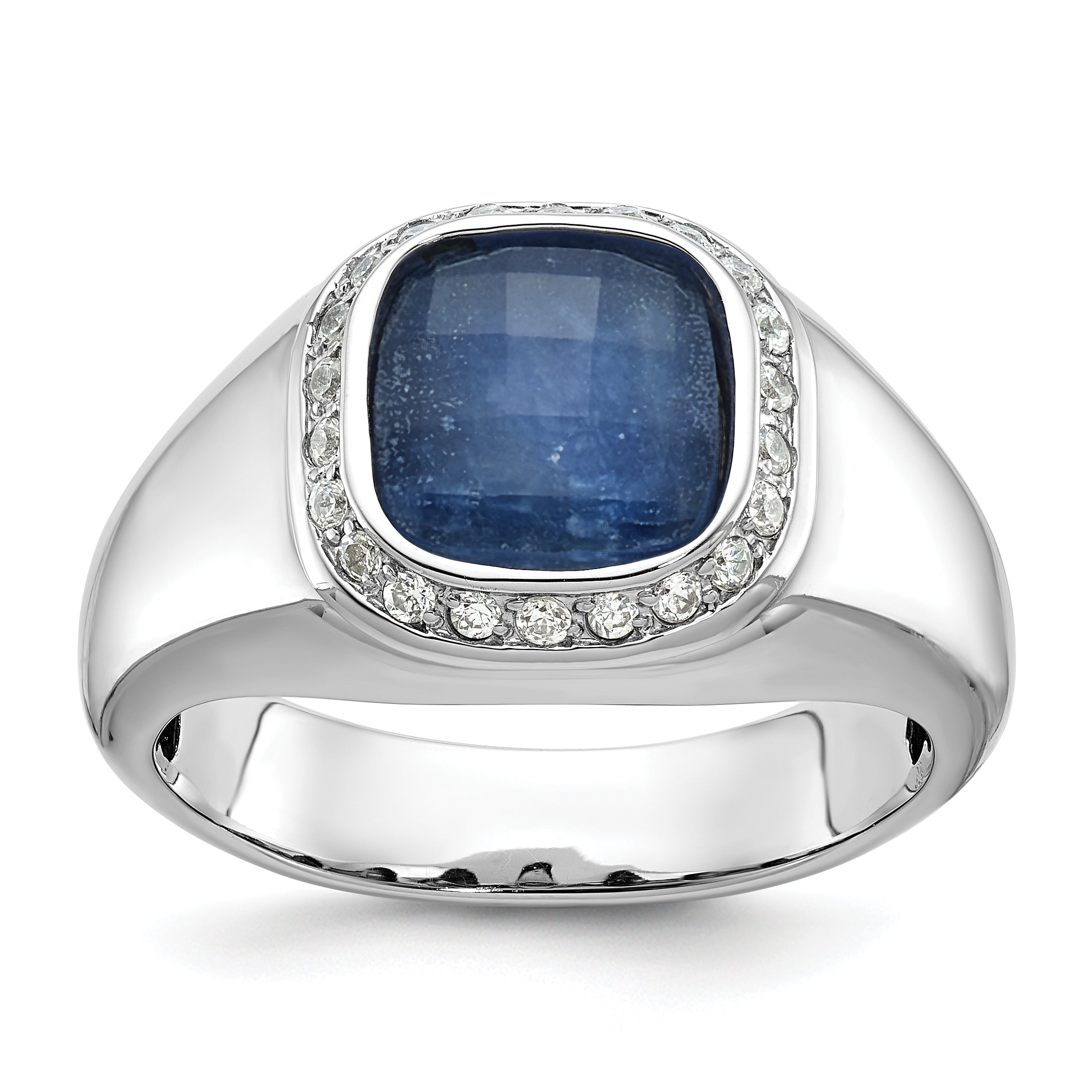 14k White Gold Mens Cushion Sapphire Doublet Stone and 1/5 carat Diamond Complete Ring - Sophia Jewelers