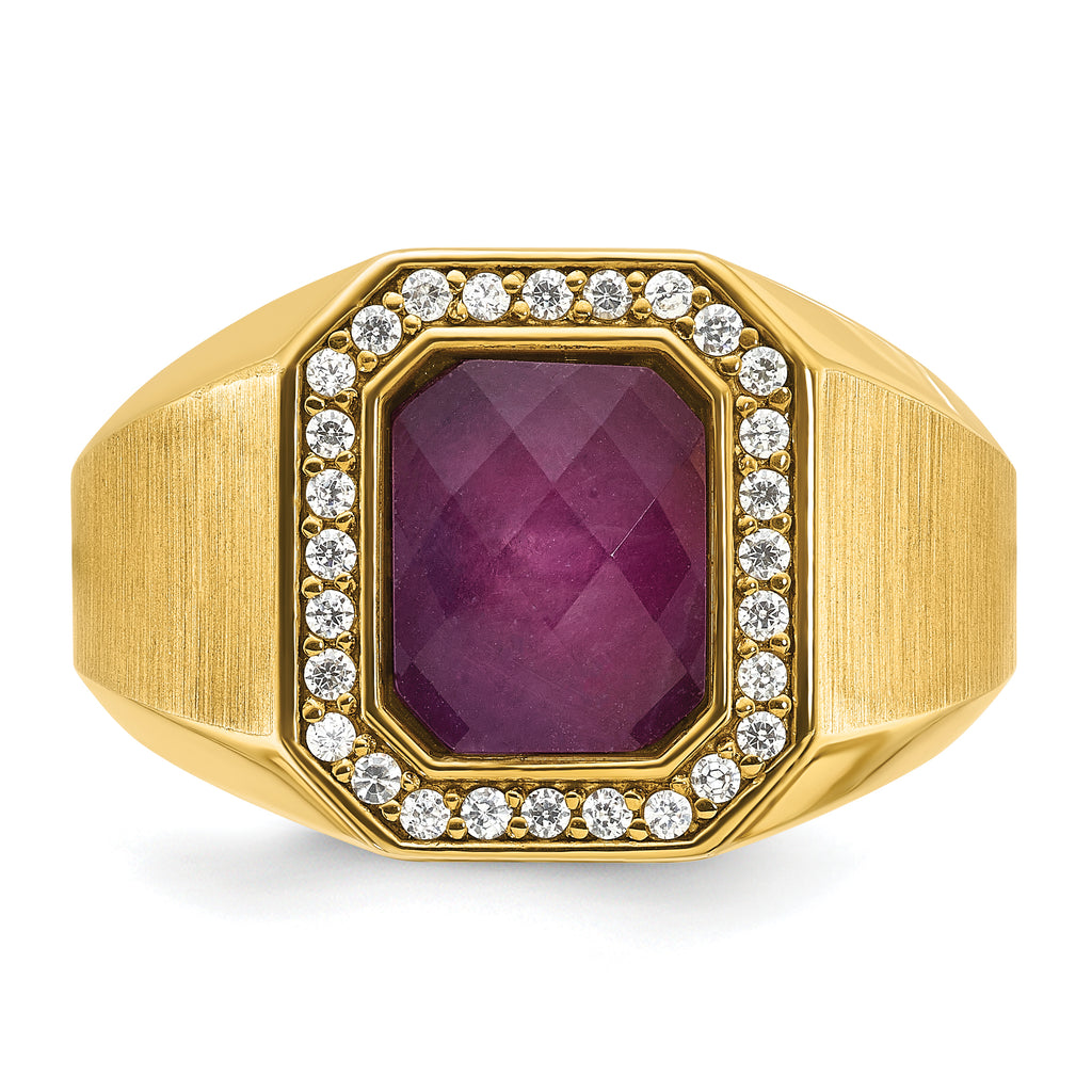 14k Mens Satin Octagon Ruby Doublet Stone and 1/4 carat Diamond Complete Ring - Sophia Jewelers