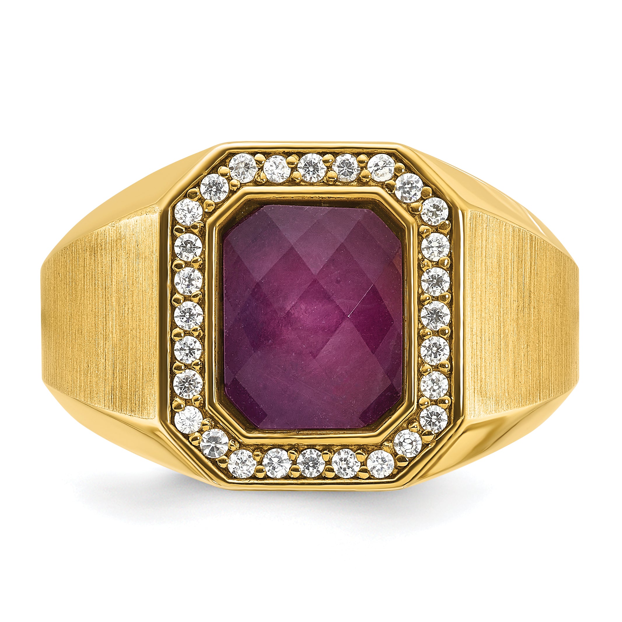 14k Mens Satin Octagon Ruby Doublet Stone and 1/4 carat Diamond Complete Ring - Sophia Jewelers
