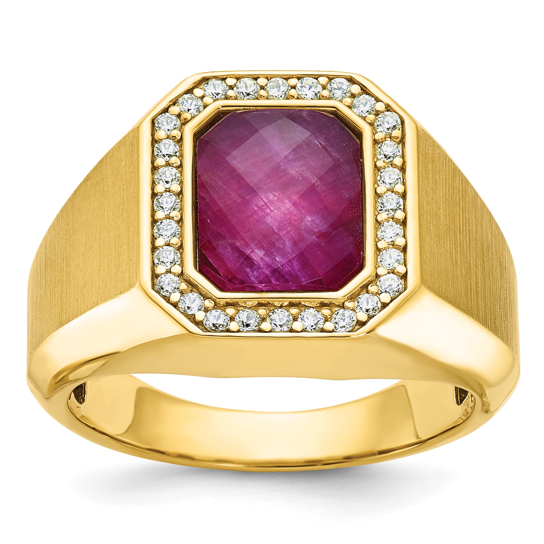 14k Mens Satin Octagon Ruby Doublet Stone and 1/4 carat Diamond Complete Ring - Sophia Jewelers