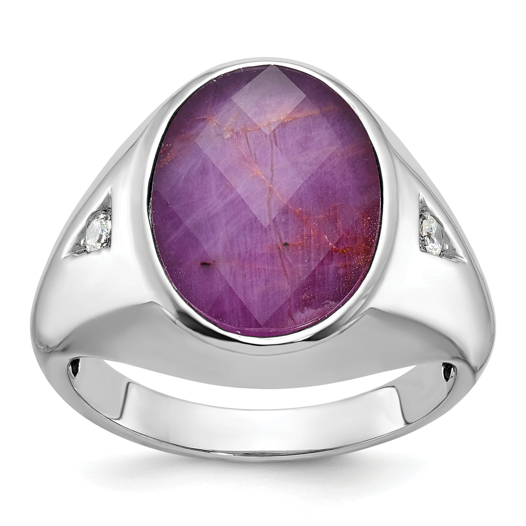 14k White Gold Mens Oval Ruby Doublet Stone and 1/15 carat Diamond Complete Ring - Sophia Jewelers