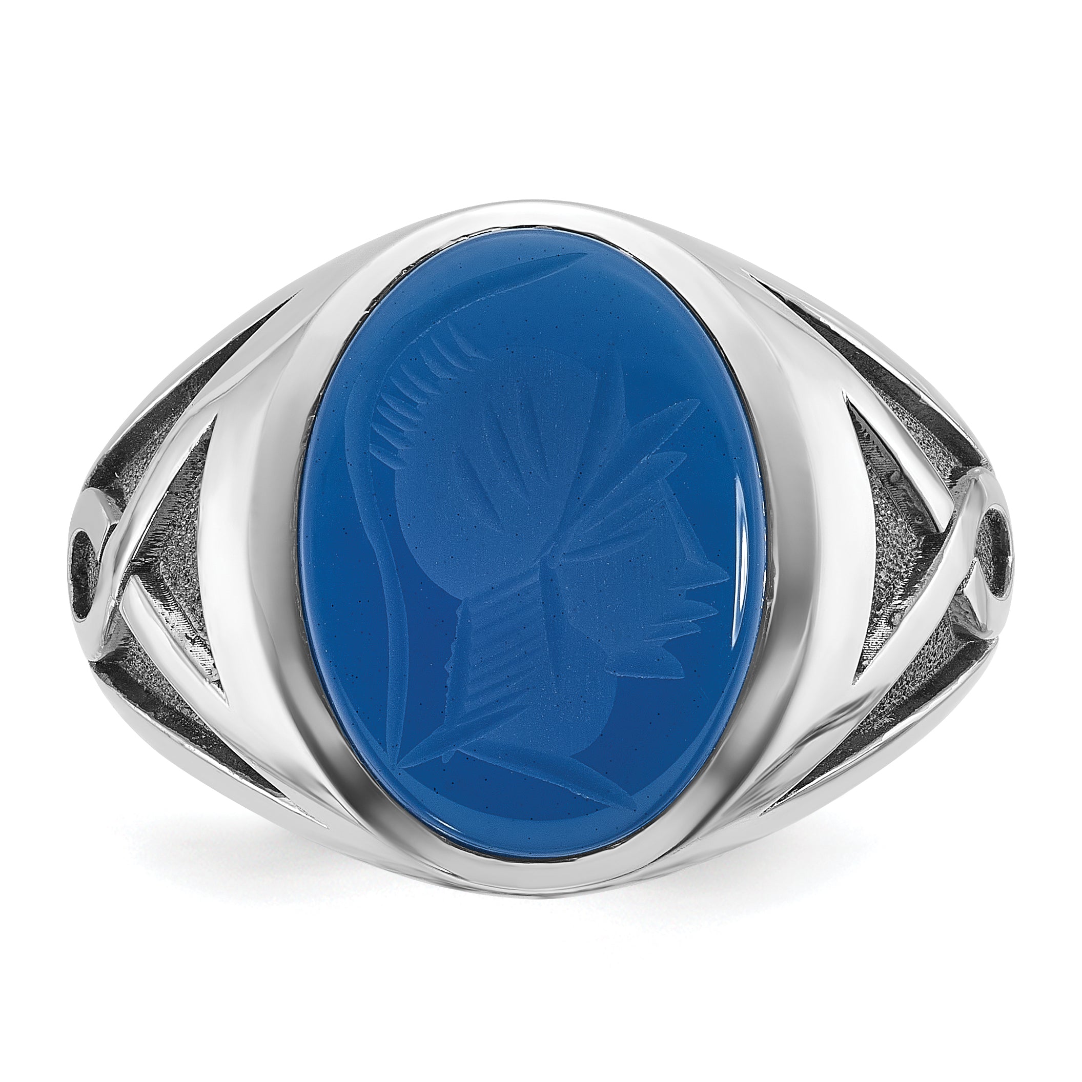 14k White Gold Mens with Black Rhodium Oval Blue Agate Complete Ring - Sophia Jewelers