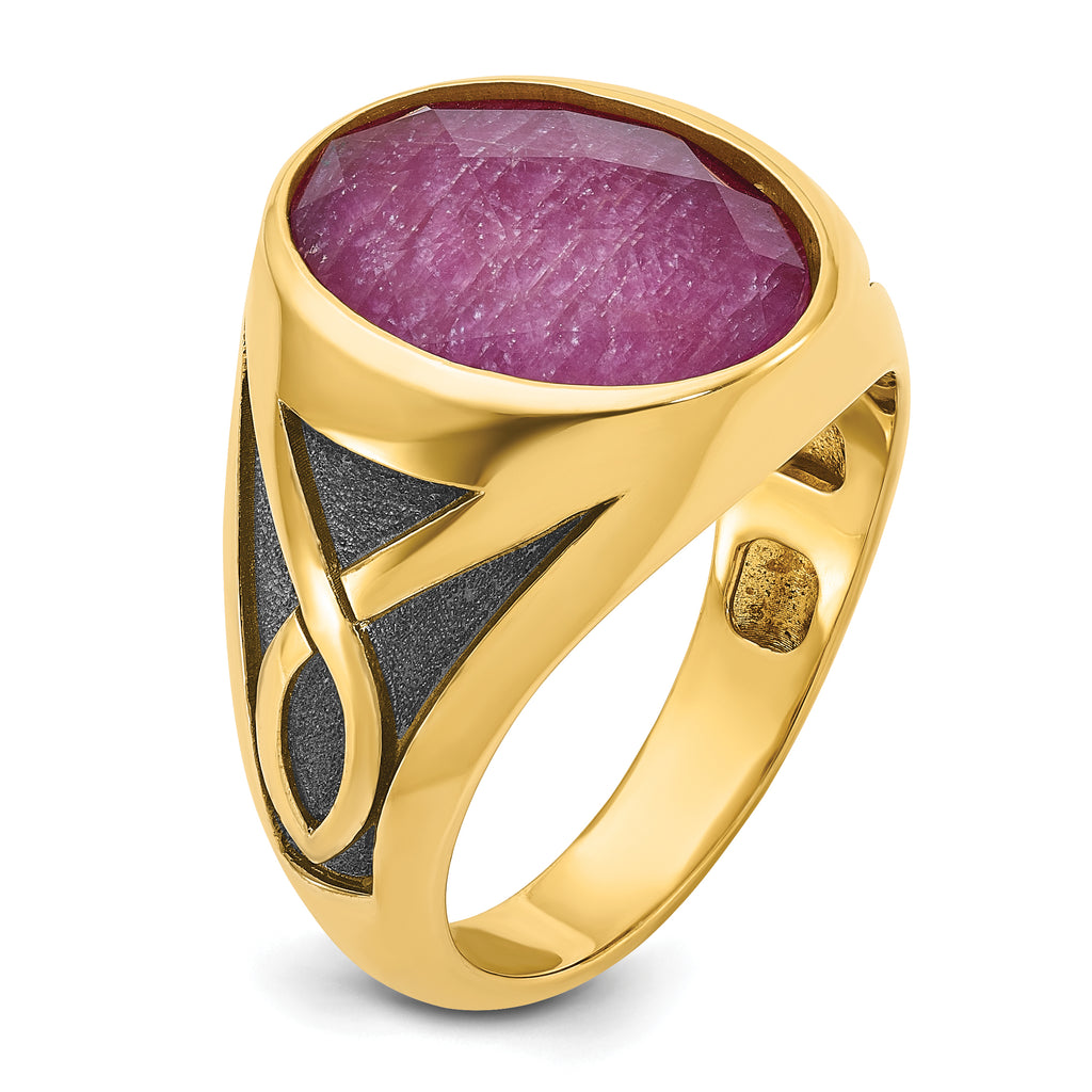 14k with Black Rhodium Mens Oval Ruby Doublet Stone Complete Ring - Sophia Jewelers