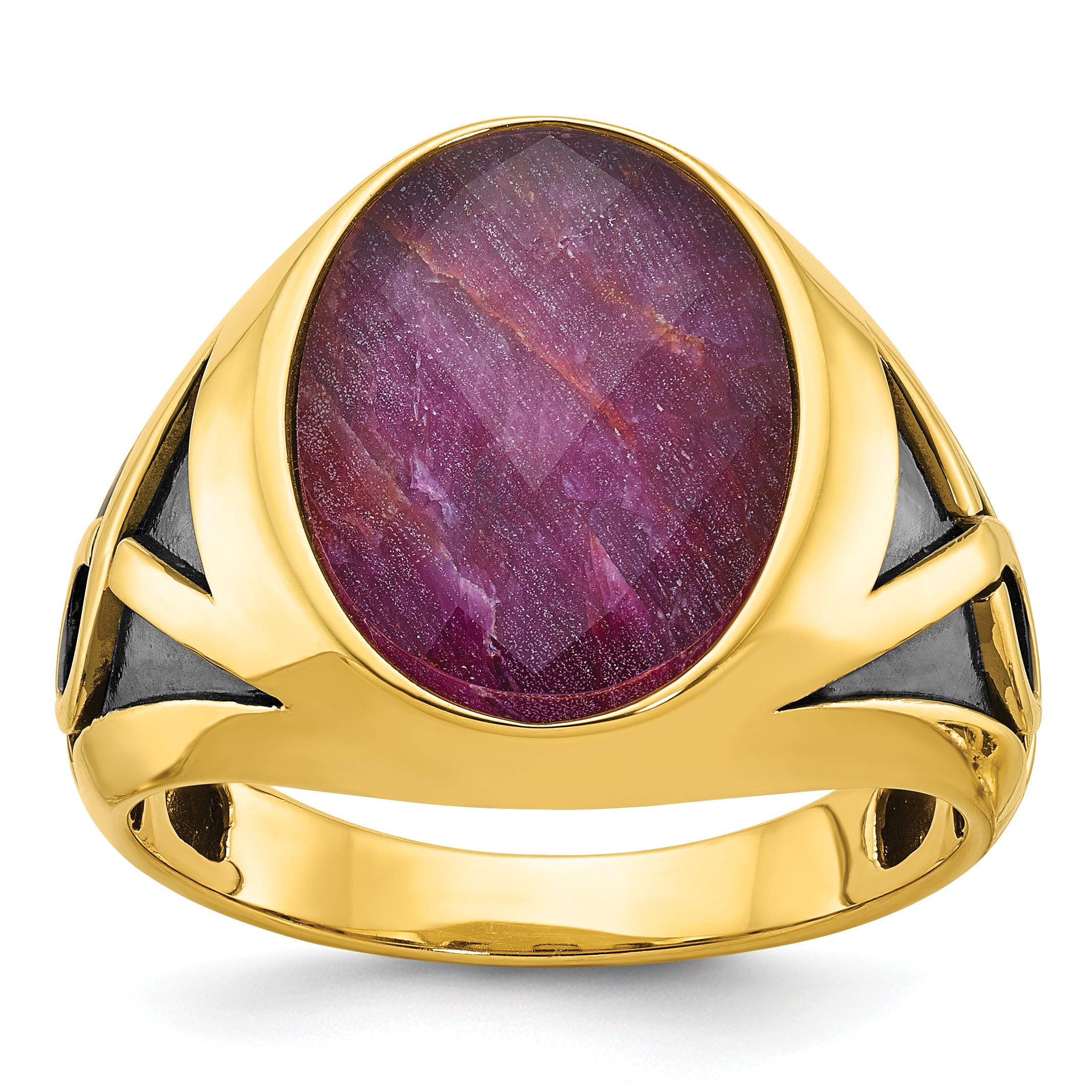 14k with Black Rhodium Mens Oval Ruby Doublet Stone Complete Ring - Sophia Jewelers