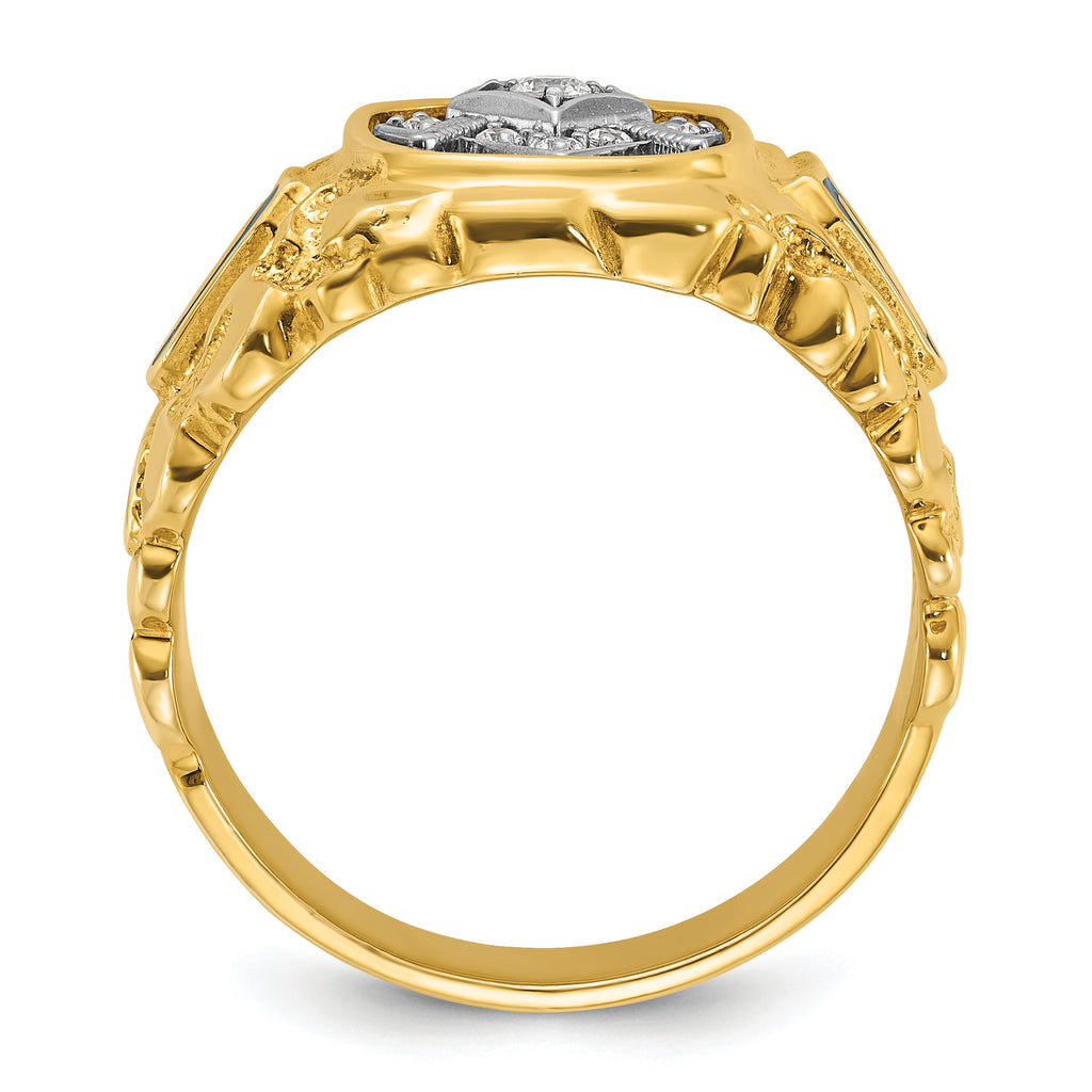 10k Two-tone Men's Polished and Nugget Textured Diamond Blue Lodge Master Masonic Ring