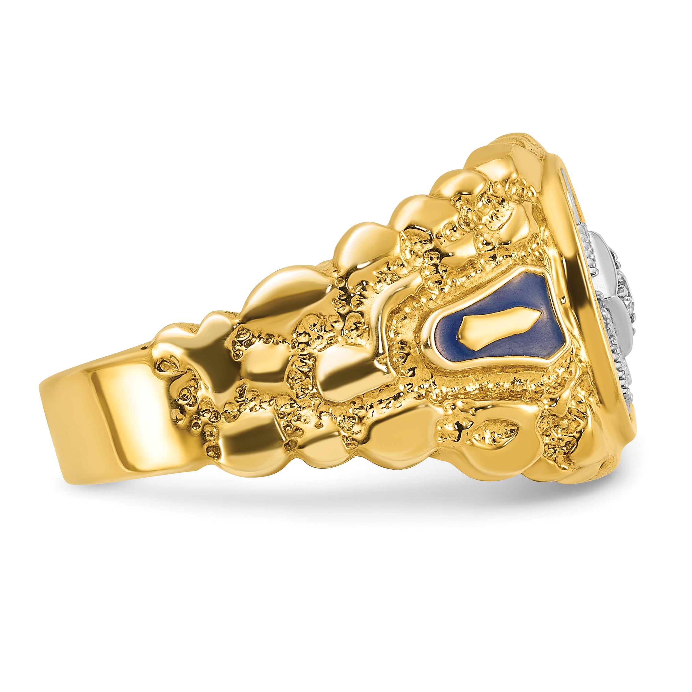10k Two-tone Men's Polished and Nugget Textured Diamond Blue Lodge Master Masonic Ring