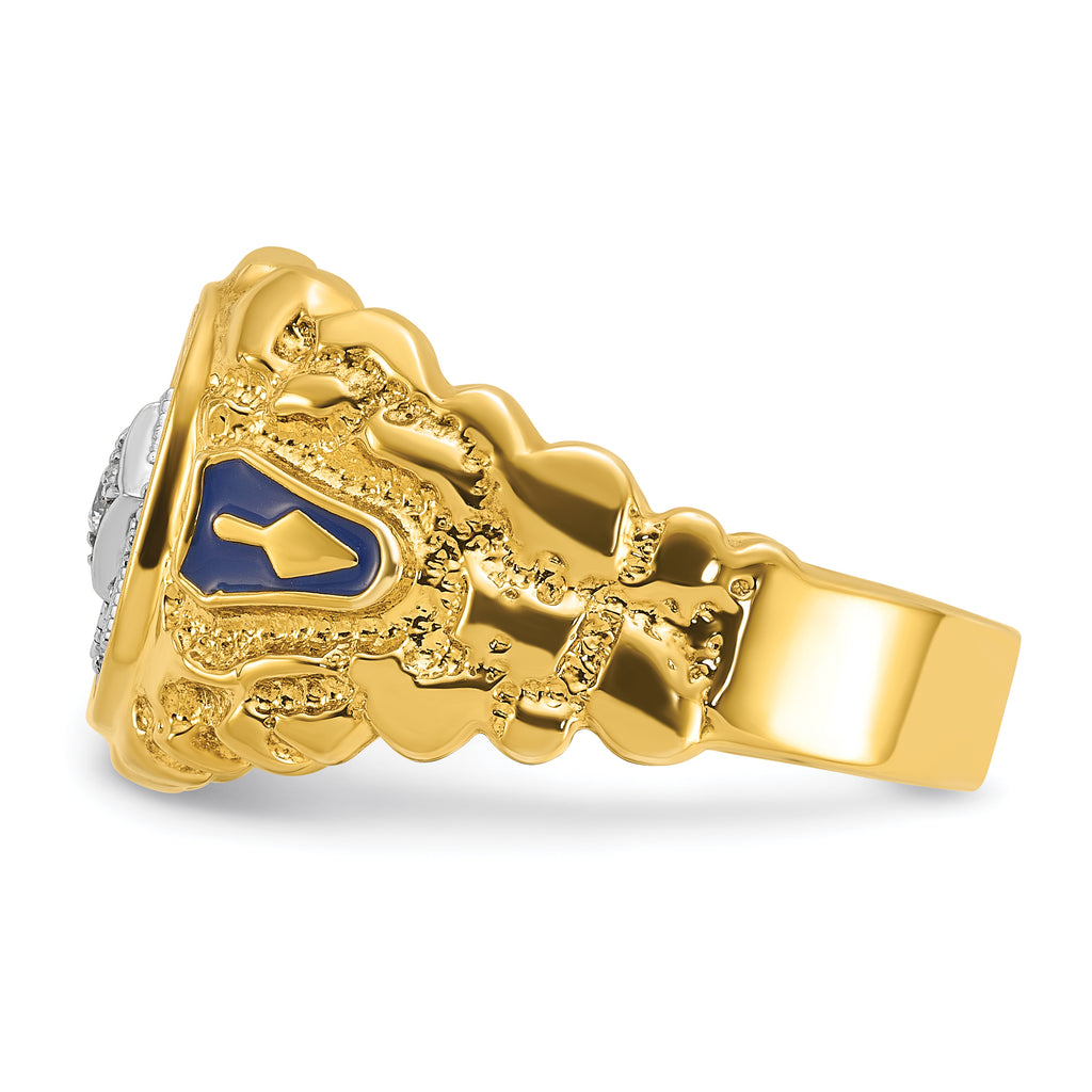 14k Two-tone Men's Polished and Nugget Textured Diamond Blue Lodge Master Masonic Ring - Sophia Jewelers