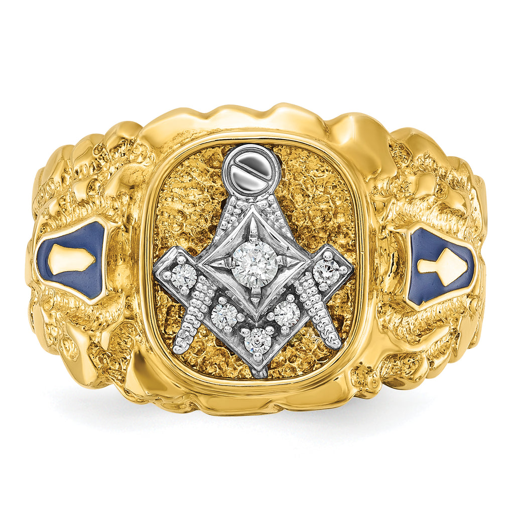 14k Two-tone Men's Polished and Nugget Textured Diamond Blue Lodge Master Masonic Ring - Sophia Jewelers