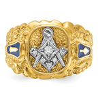 14k Two-tone Men's Polished and Nugget Textured Diamond Blue Lodge Master Masonic Ring - Sophia Jewelers