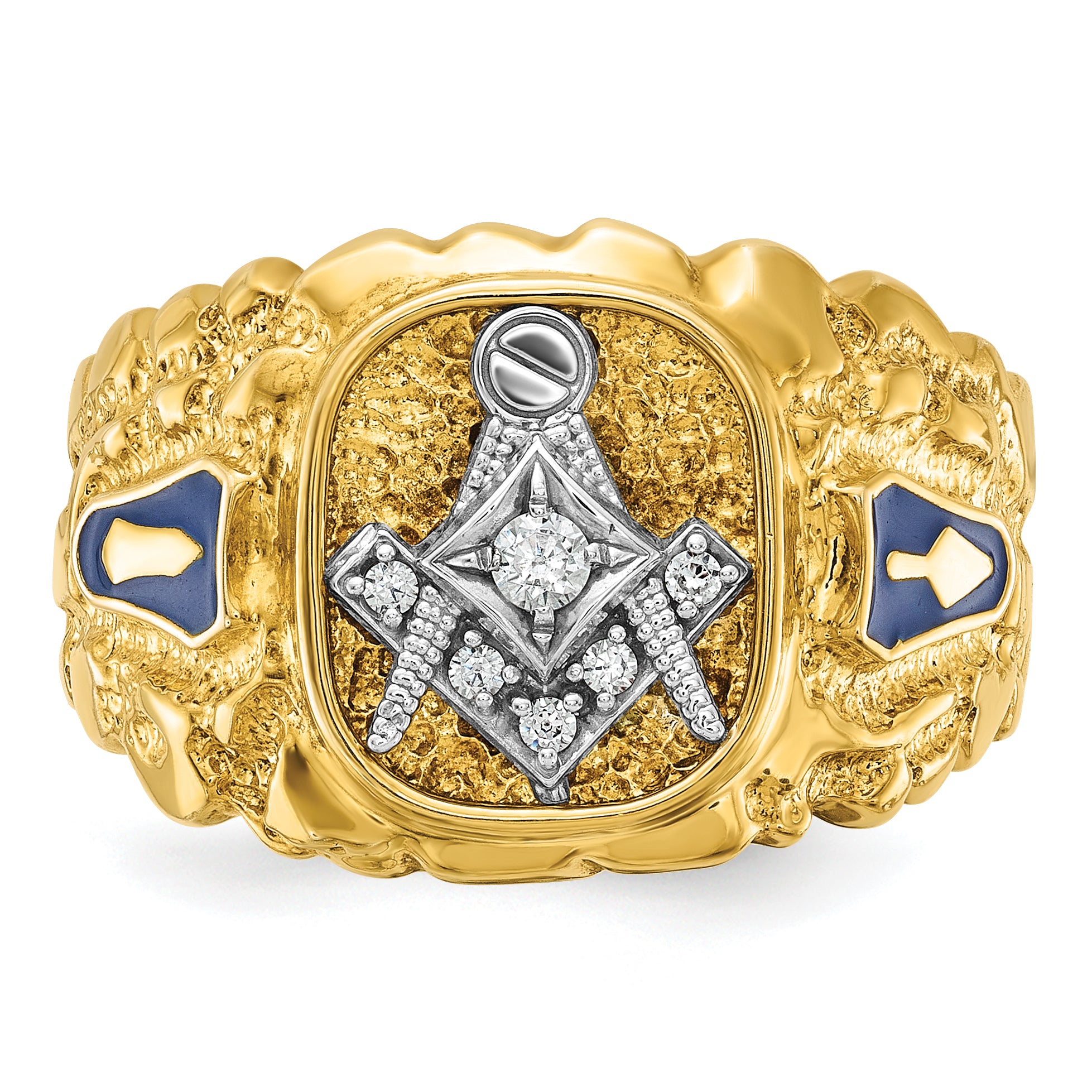 14k Two-tone Men's Polished and Nugget Textured Diamond Blue Lodge Master Masonic Ring - Sophia Jewelers