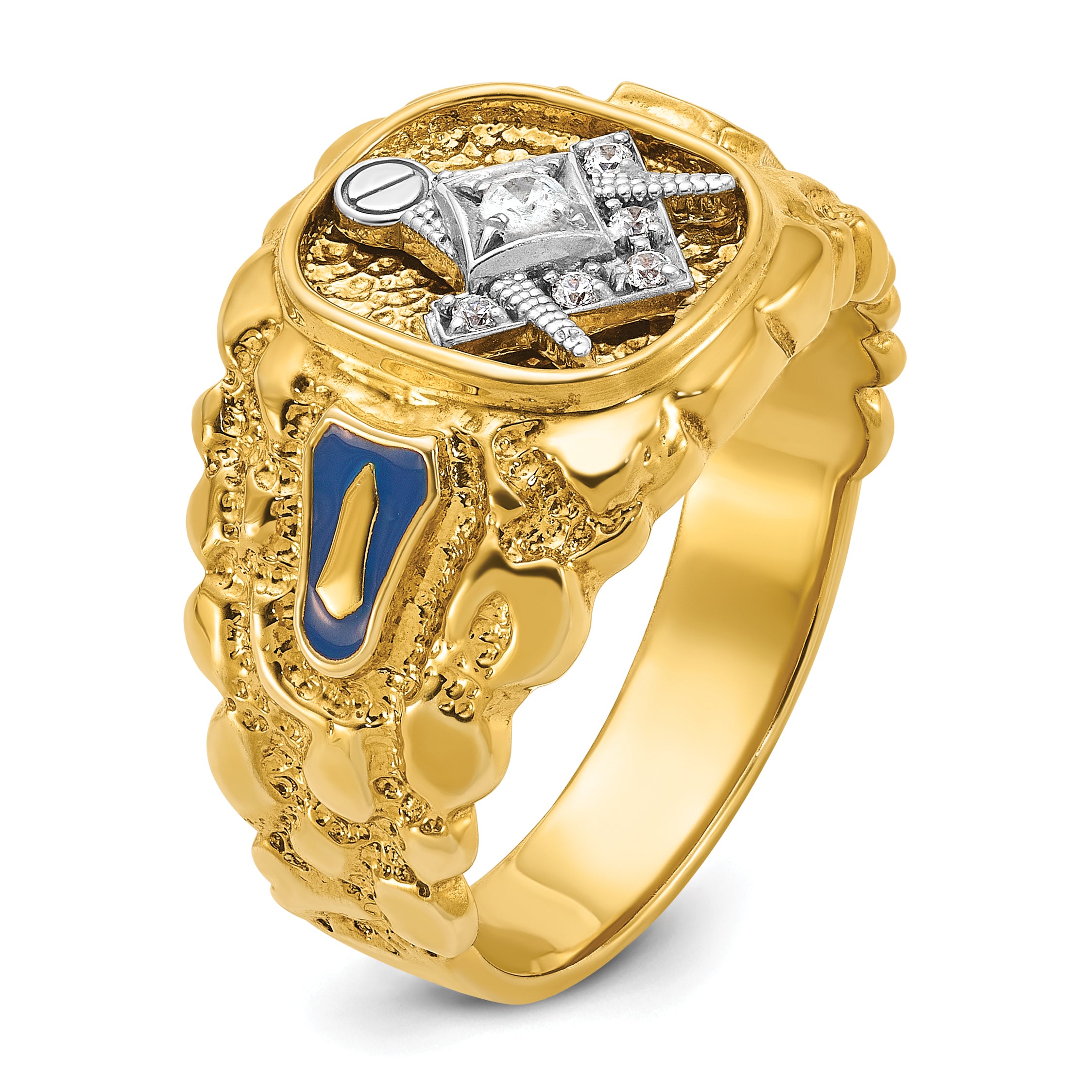 14k Two-tone Men's Polished and Nugget Textured Diamond Blue Lodge Master Masonic Ring - Sophia Jewelers