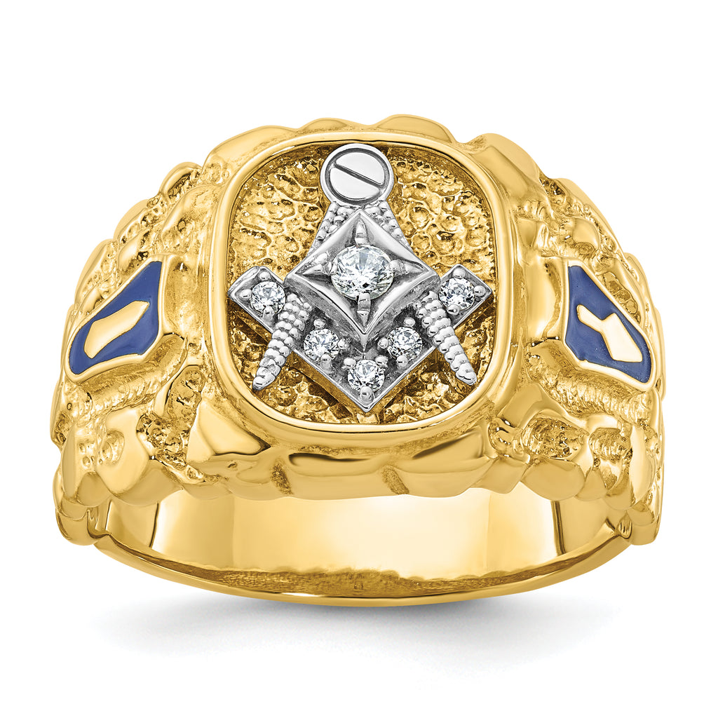 14k Two-tone Men's Polished and Nugget Textured Blue Lodge Master Masonic Ring Mounting, Mounting Only - Sophia Jewelers