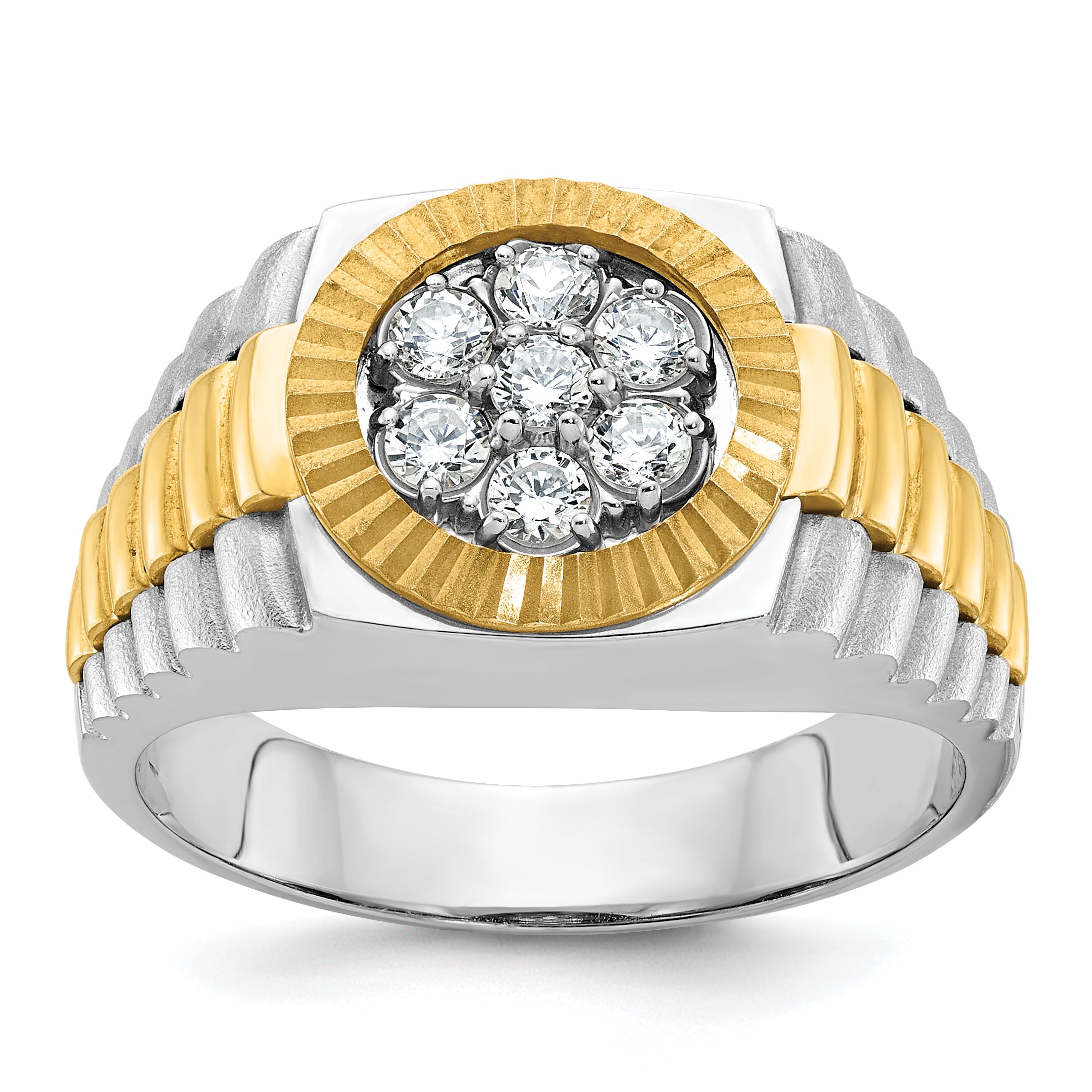 14k Two-tone Men's Polished Satin and Textured 1/2 Carat AA Quality Diamond Cluster Ring - Sophia Jewelers