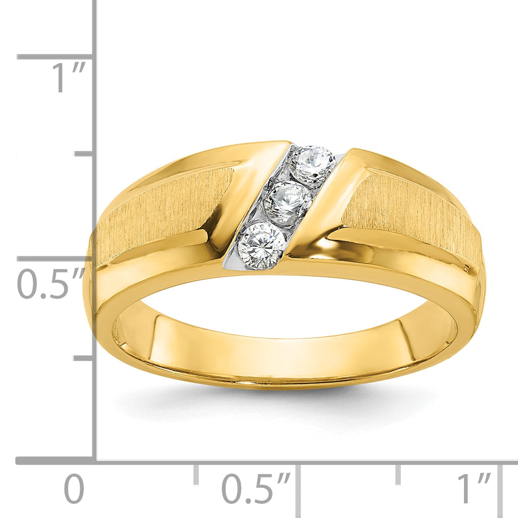 14k Men's Polished and Satin 3-Stone 1/4 Carat AA Quality Diamond Ring