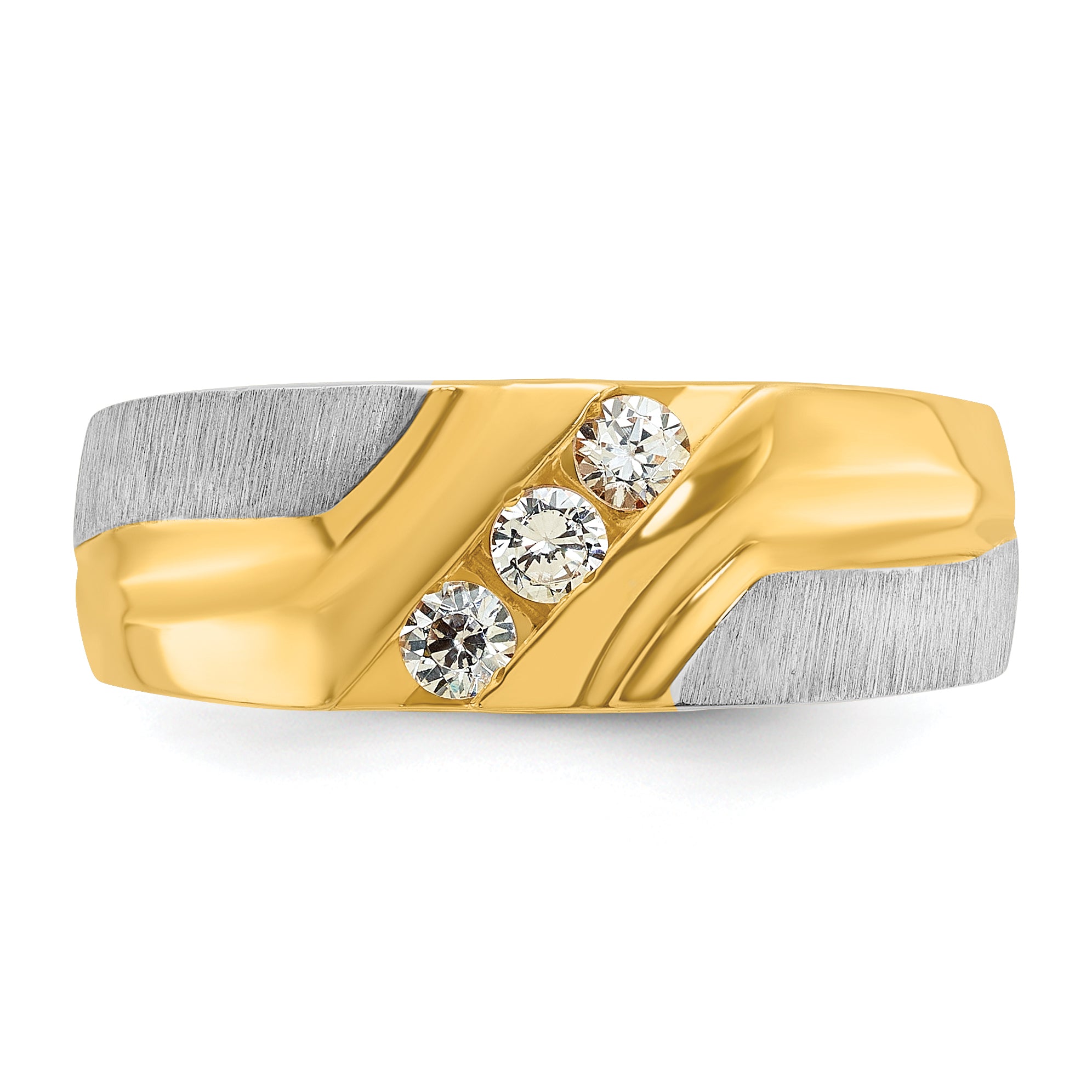 14k Two-tone Men's Polished Satin and Grooved 3-Stone 1/4 Carat AA Quality Diamond Ring - Sophia Jewelers