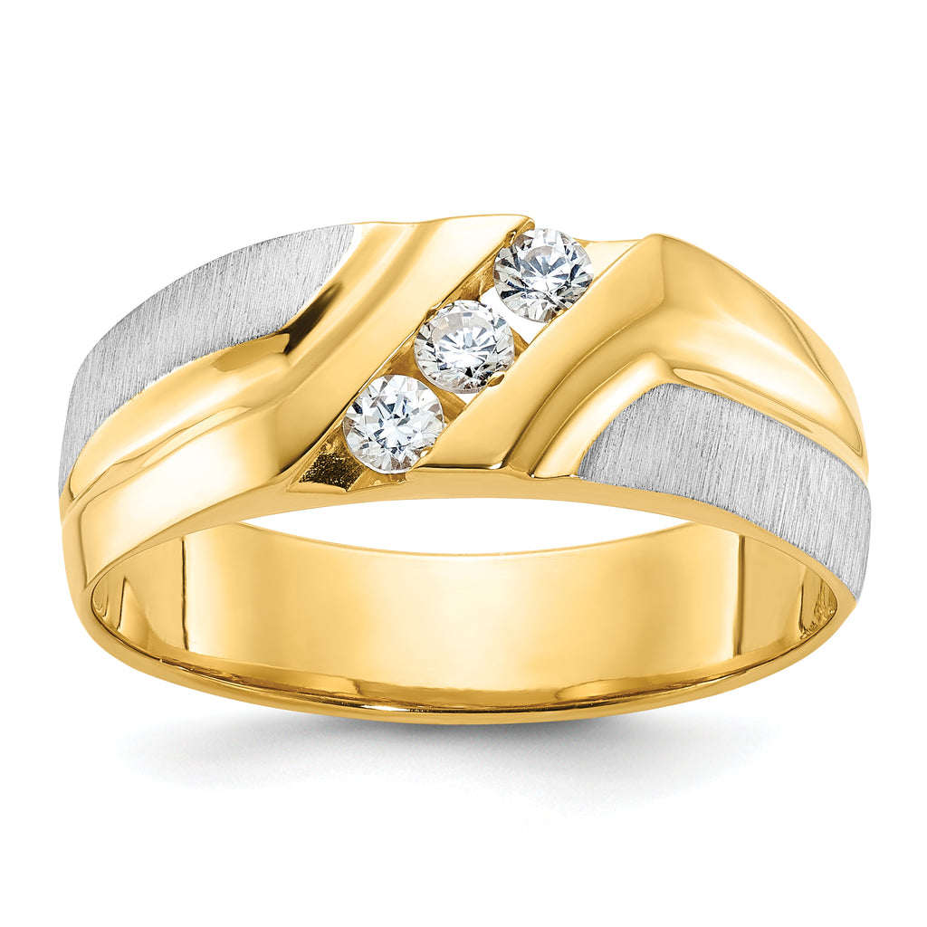 14k Two-tone Men's Polished Satin and Grooved 3-Stone 1/4 Carat AA Quality Diamond Ring - Sophia Jewelers