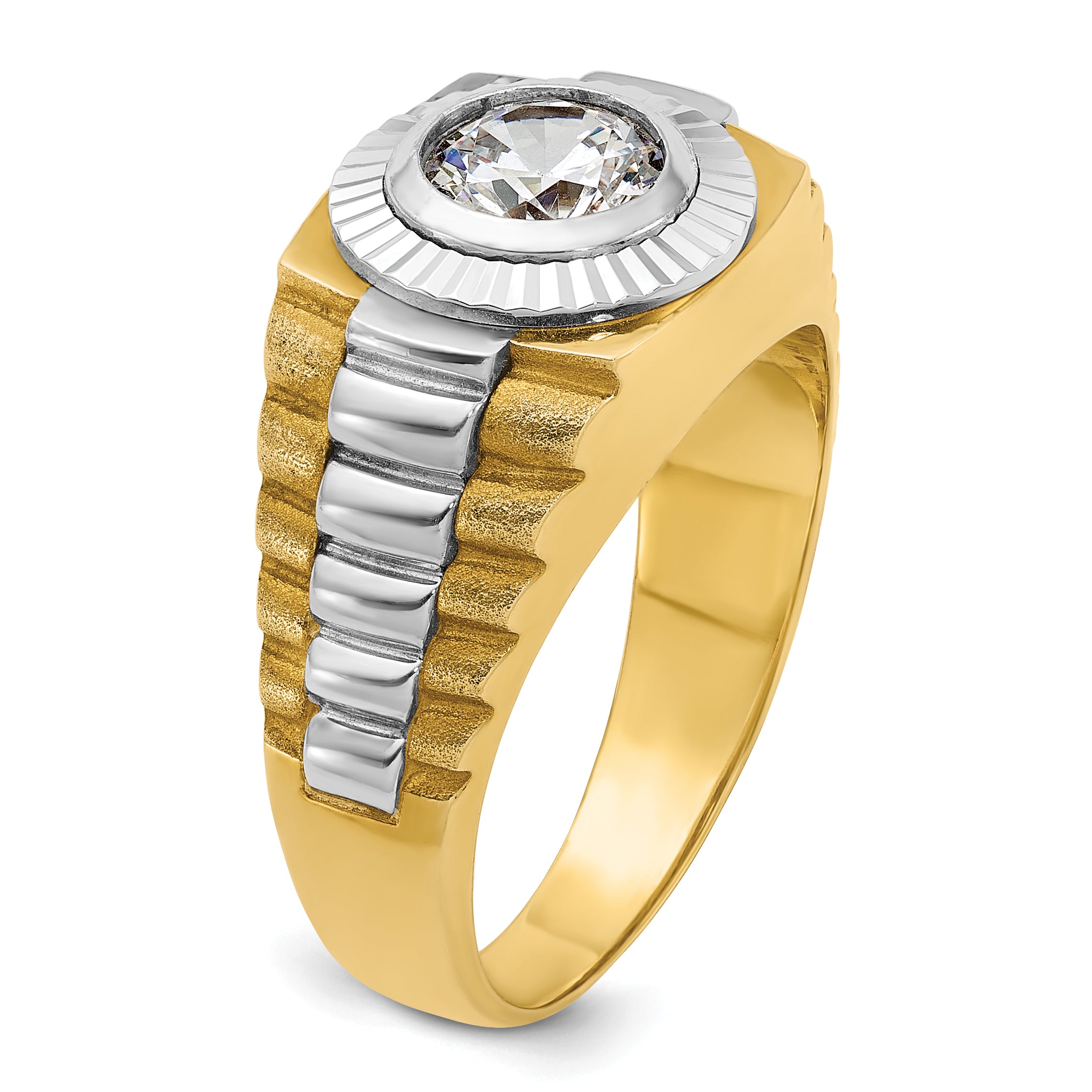 14k Two Tone 1 carat Lab Grown Diamond VS/SI+ G+ Complete Polished Satin and Textured Men's Ring