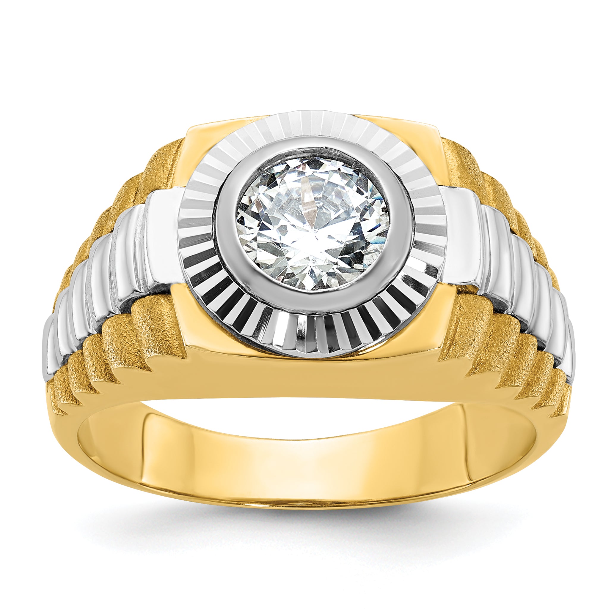 14k Two Tone 1 carat Lab Grown Diamond VS/SI+ G+ Complete Polished Satin and Textured Men's Ring Main image