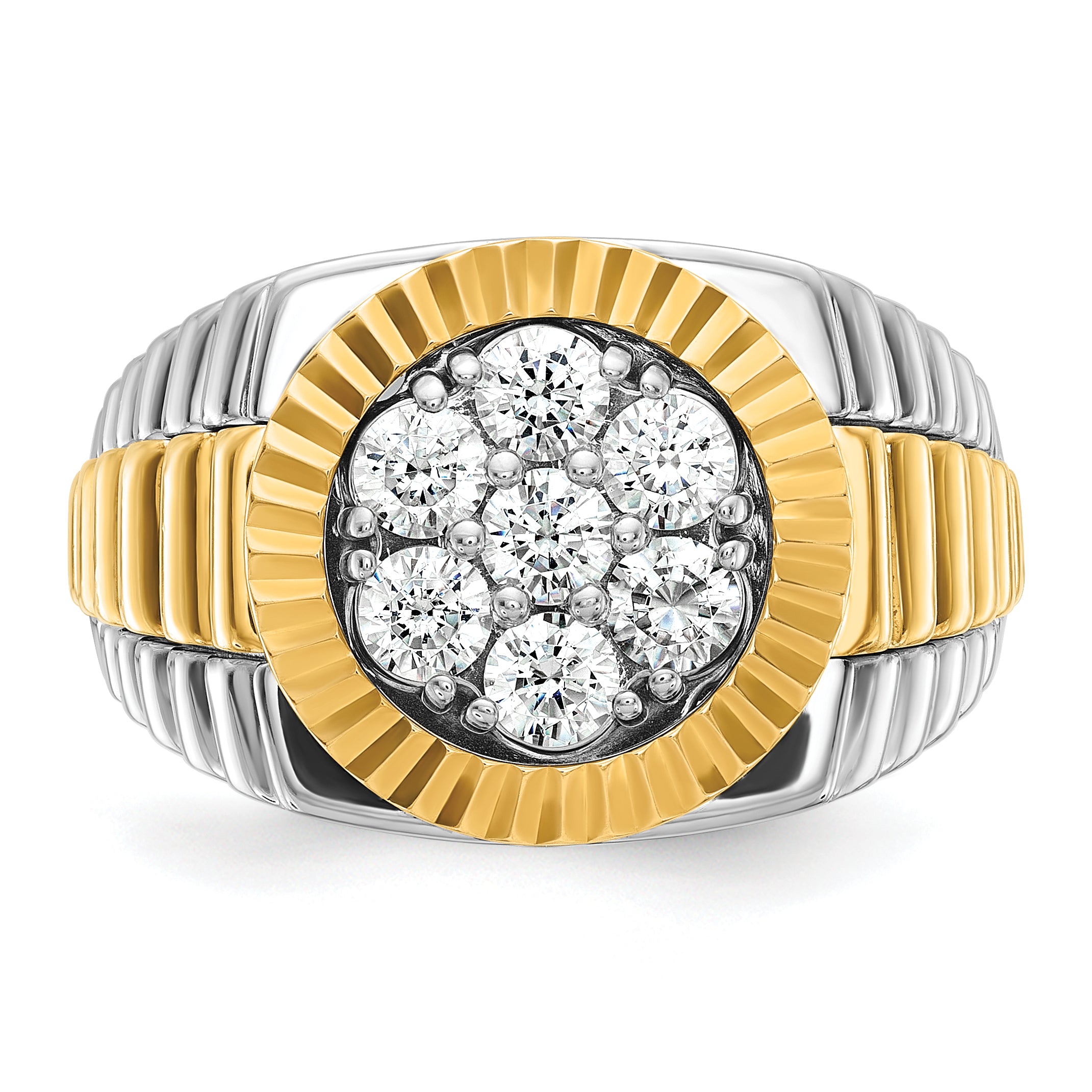 14k Two-tone Men's Polished and Textured 1 Carat AA Quality Round Cluster Ring - Sophia Jewelers