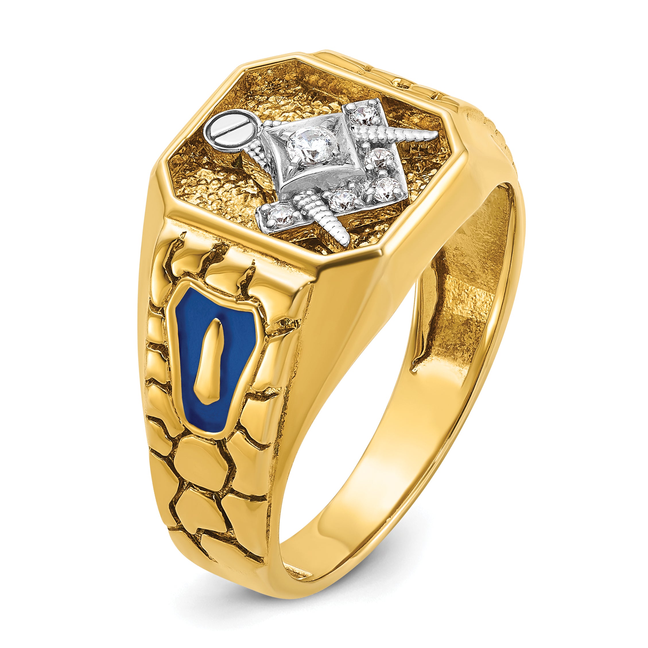 10k Two-tone Men's Polished and Textured with Blue Enamel and Diamond Blue Lodge Master Masonic Ring