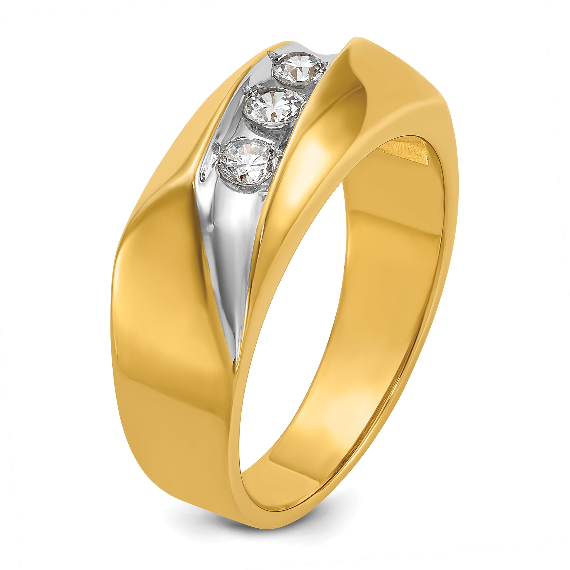14k with White Rhodium Men's Polished and Grooved 3-Stone 1/3 Carat AA Quality Diamond Ring