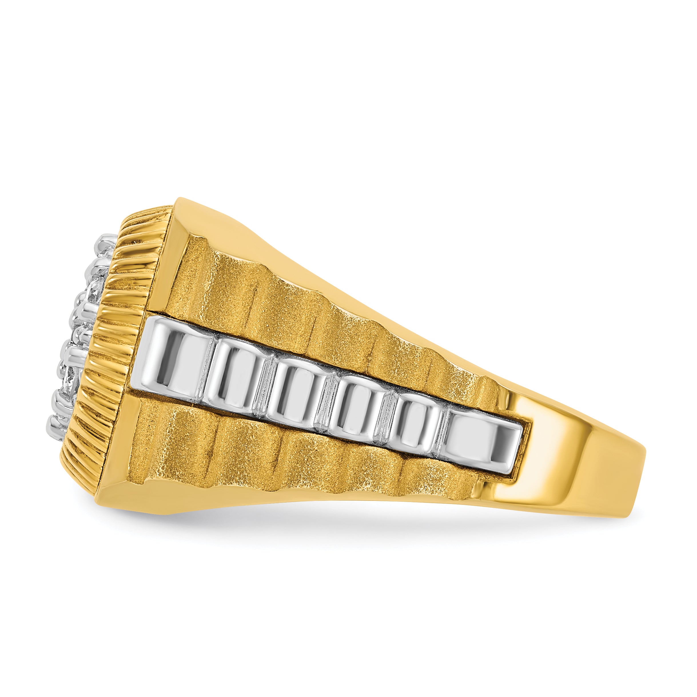 10k Two-tone Men's Polished Satin and Textured 1/2 Carat A Quality Diamond Cluster Ring