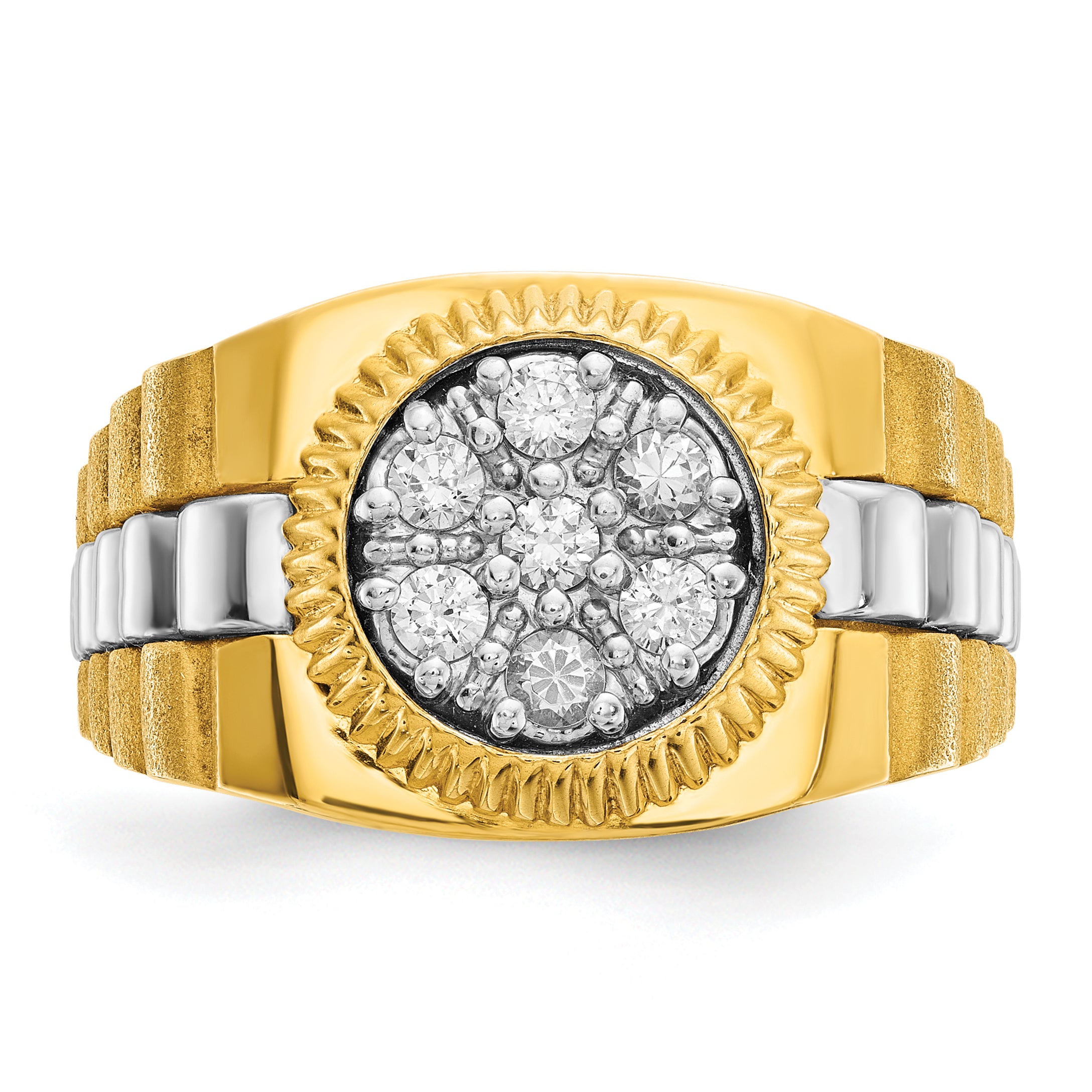 10k Two-tone Men's Polished Satin and Textured 1/2 Carat A Quality Diamond Cluster Ring