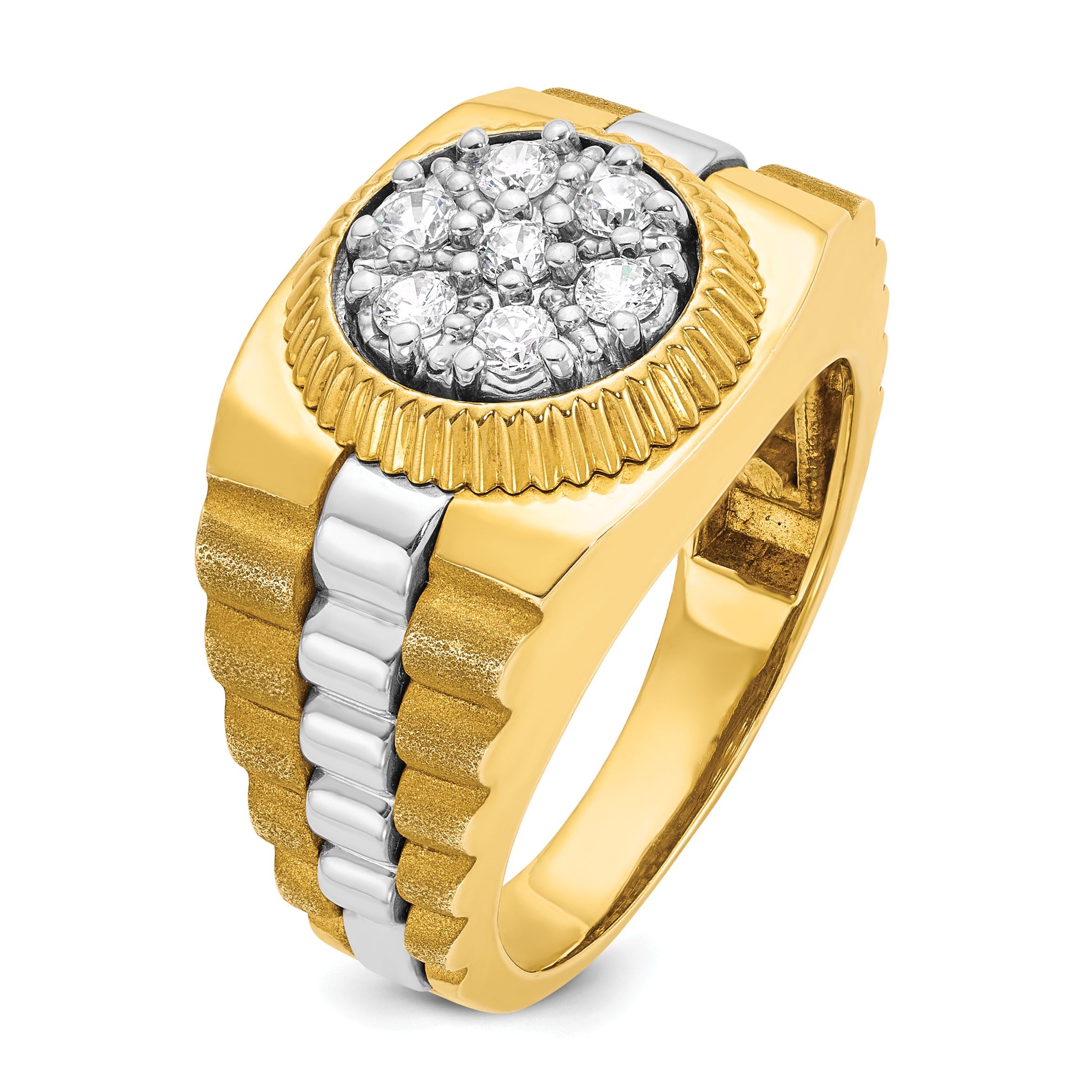10k Two-tone Men's Polished Satin and Textured 1/2 Carat A Quality Diamond Cluster Ring