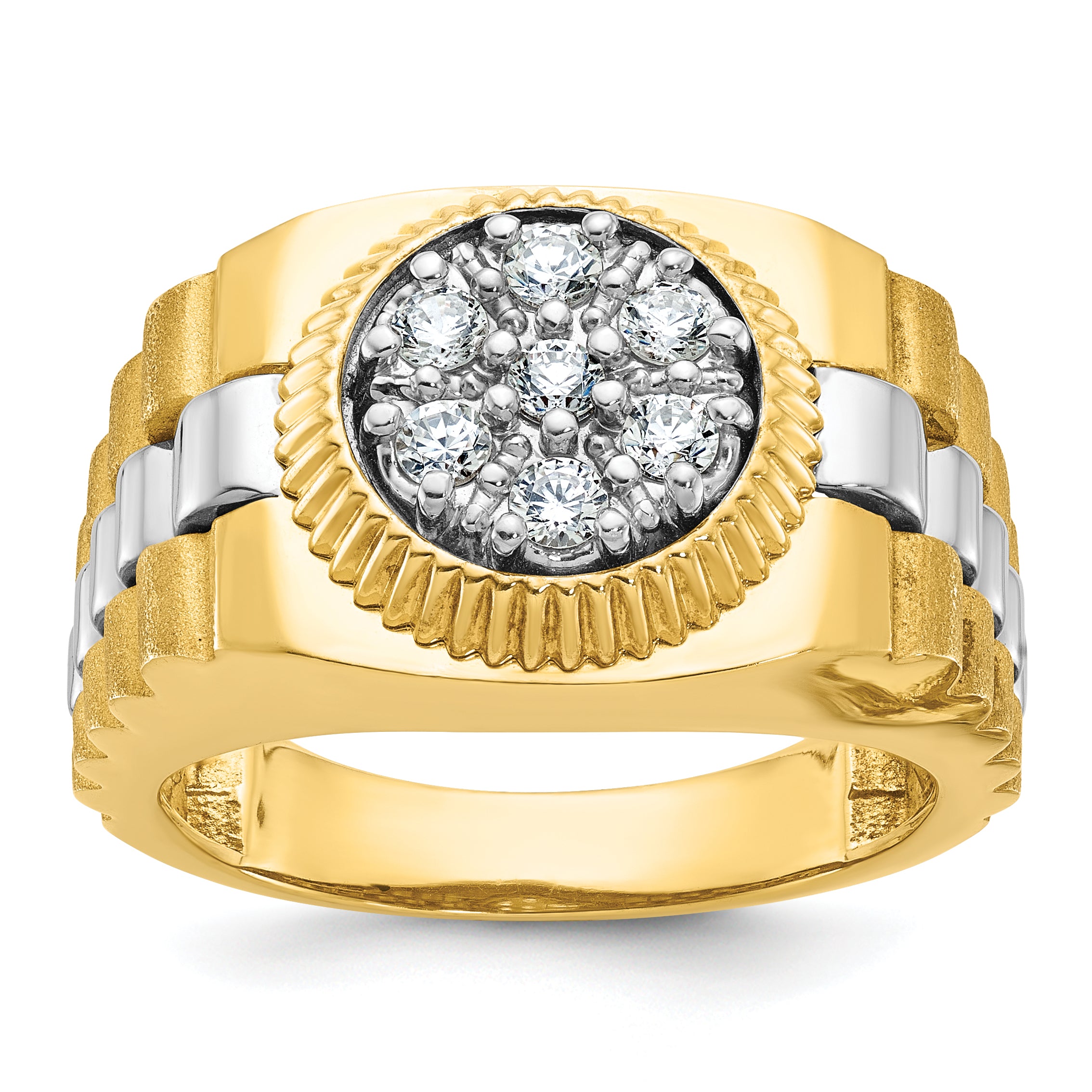 10k Two-tone Men's Polished Satin and Textured 1/2 Carat A Quality Diamond Cluster Ring Main image