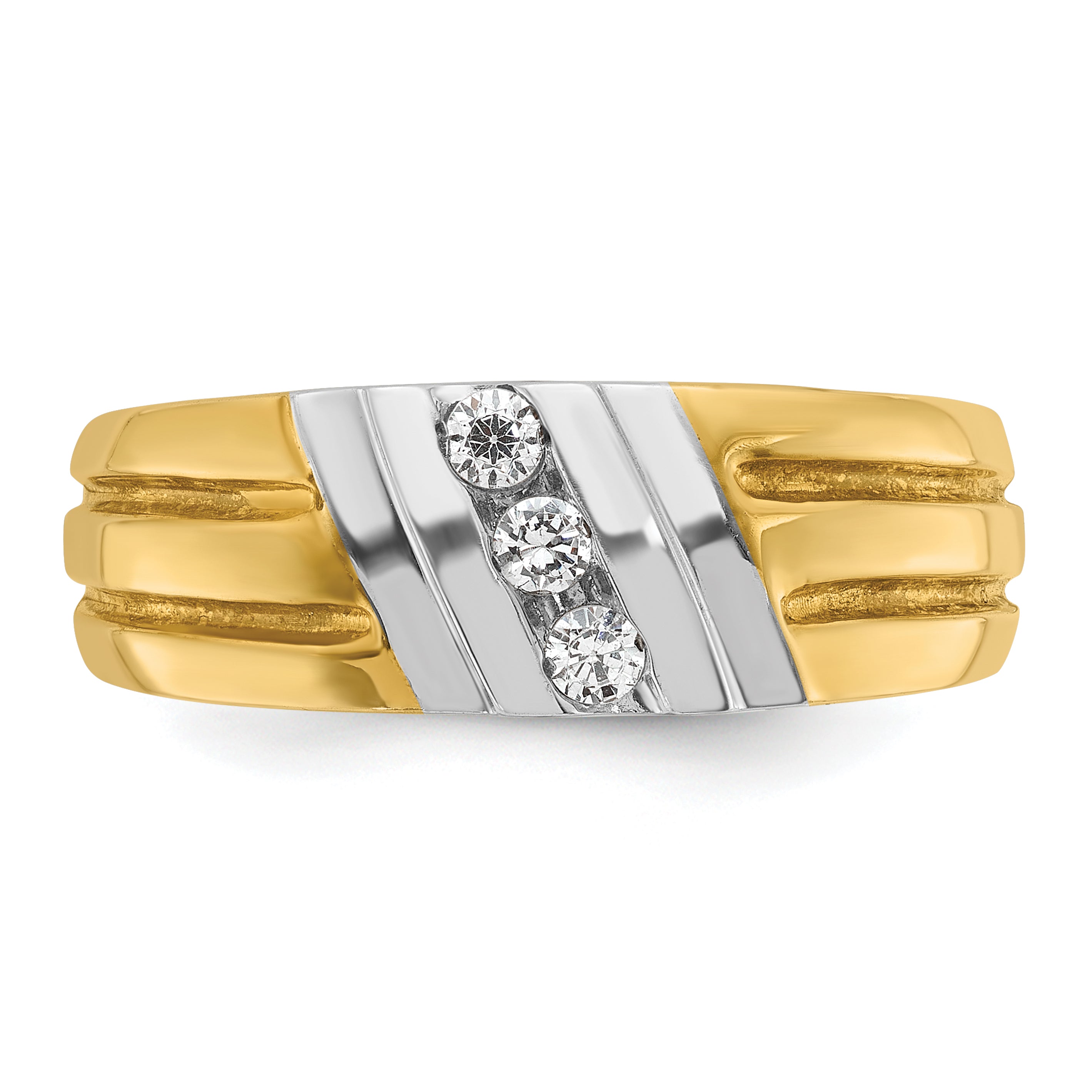 10k Two-tone Men's Polished and Grooved 3-Stone 1/5 Carat A Quality Diamond Ring