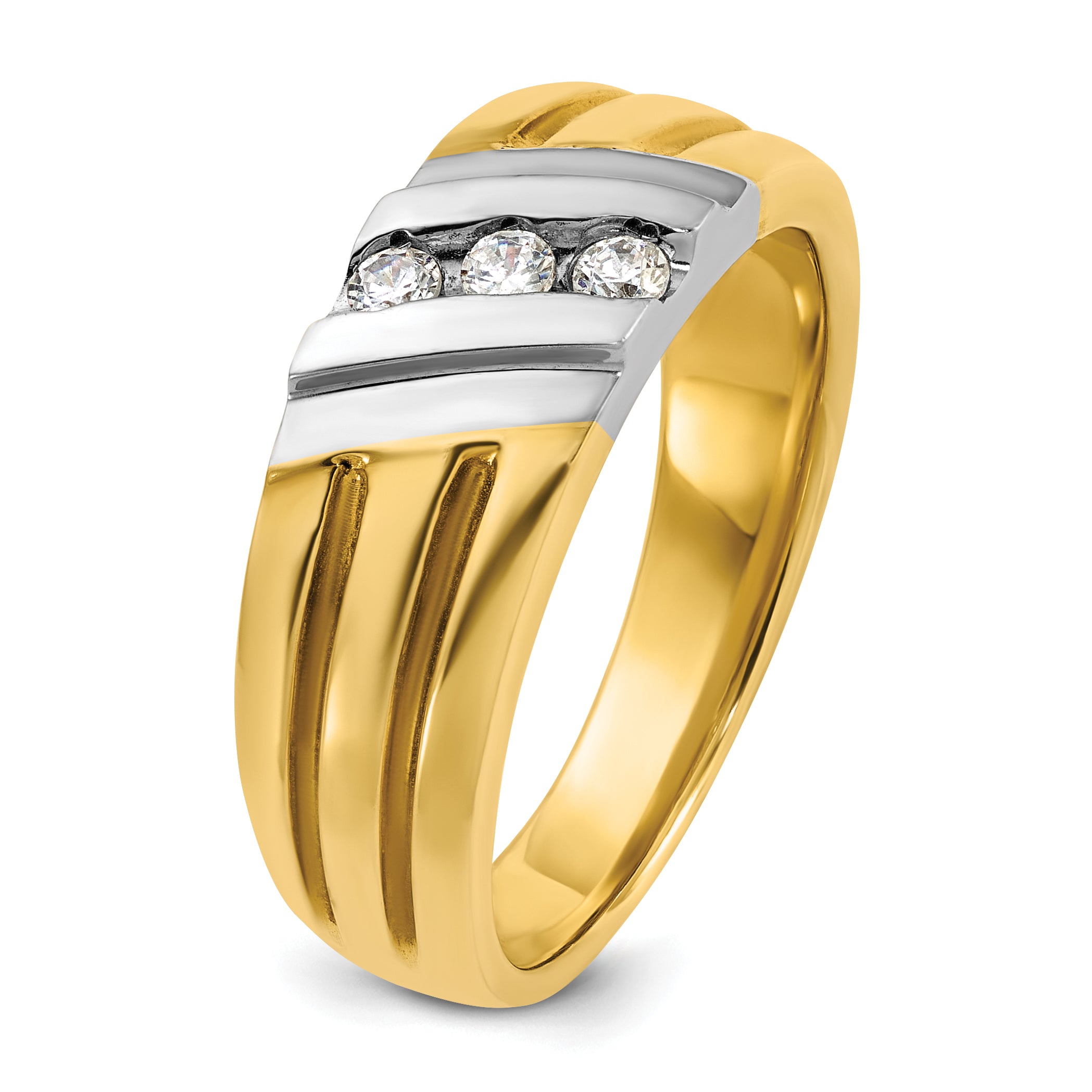 14k Two-tone Men's Polished and Grooved 3-Stone Ring Mounting, Mounting Only - Sophia Jewelers