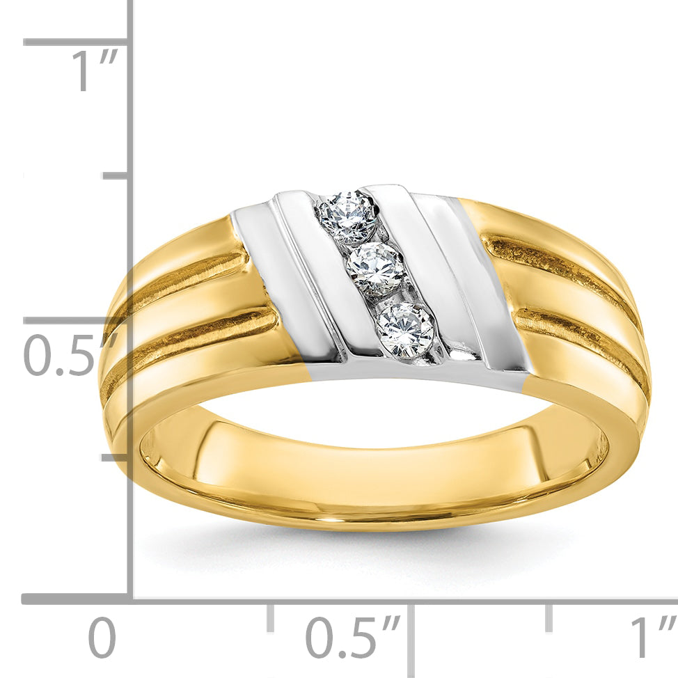 14k Two-tone Men's Polished and Grooved 3-Stone Ring Mounting, Mounting Only - Sophia Jewelers