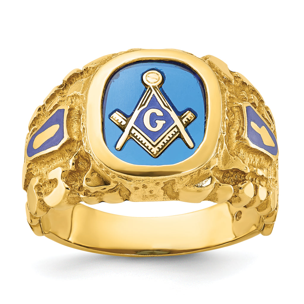10k Men's Polished and Nugget Textured with Blue Enamel and Lab Created Sapphire Blue Lodge Master M - Sophia Jewelers
