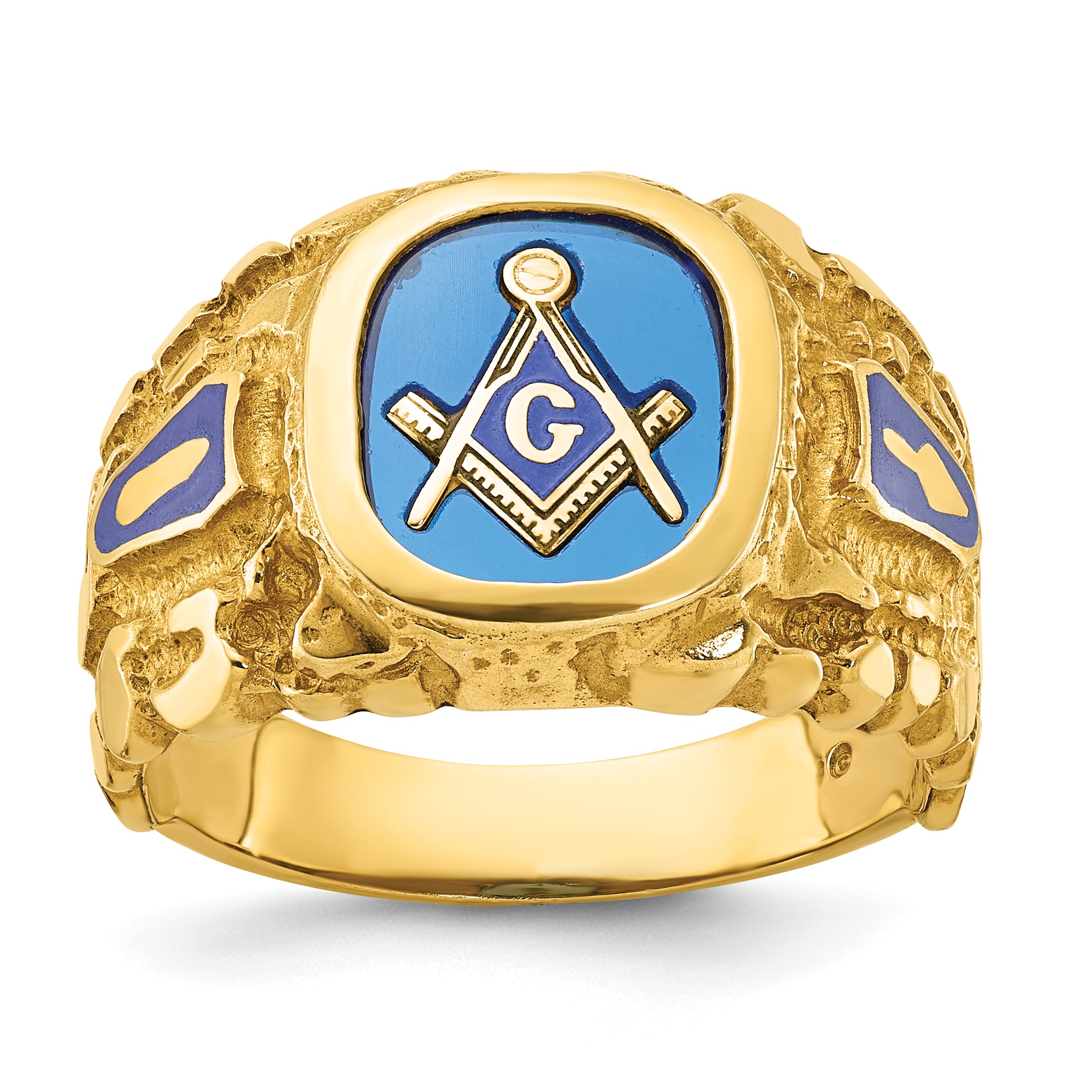 10k Men's Polished and Nugget Textured with Blue Enamel and Lab Created Sapphire Blue Lodge Master M - Sophia Jewelers