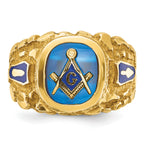 14k Men's Polished and Nugget Textured with Blue Enamel and Lab Created Sapphire Blue Lodge Master M - Sophia Jewelers