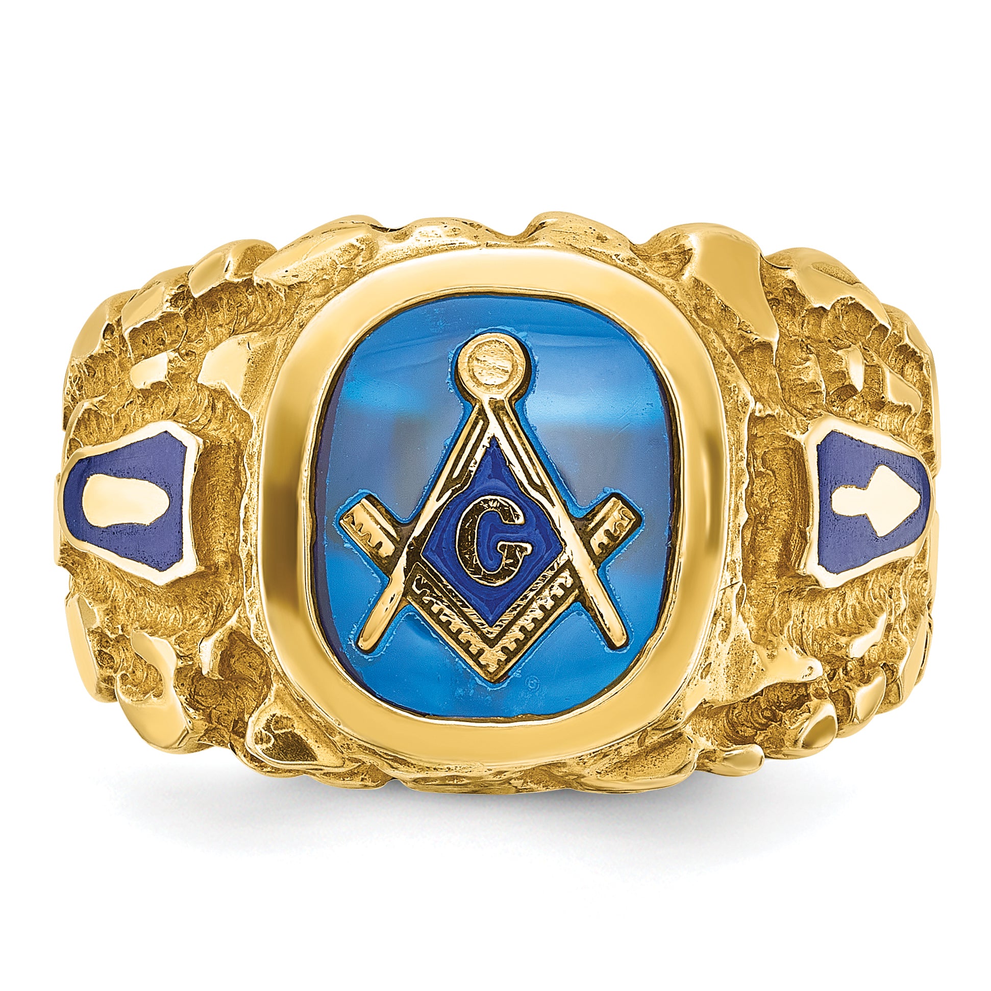 14k Men's Polished and Nugget Textured with Blue Enamel and Lab Created Sapphire Blue Lodge Master M - Sophia Jewelers